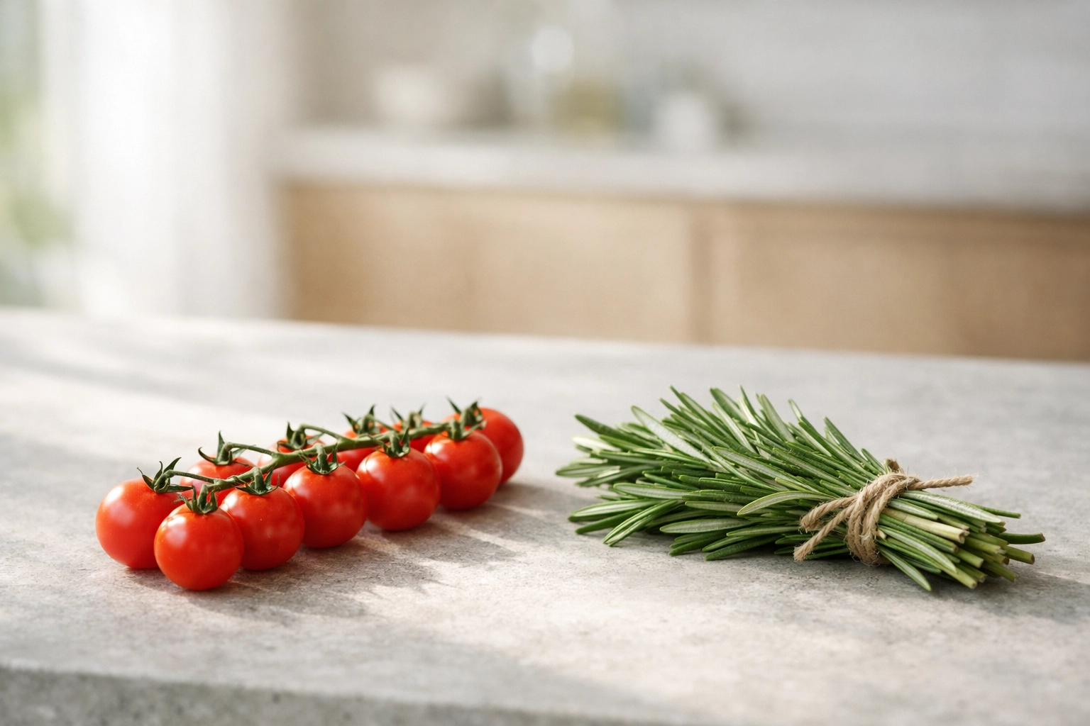 Fresh local ingredients on a stone counter, highlighting sustainable farm-to-table hotel dining.