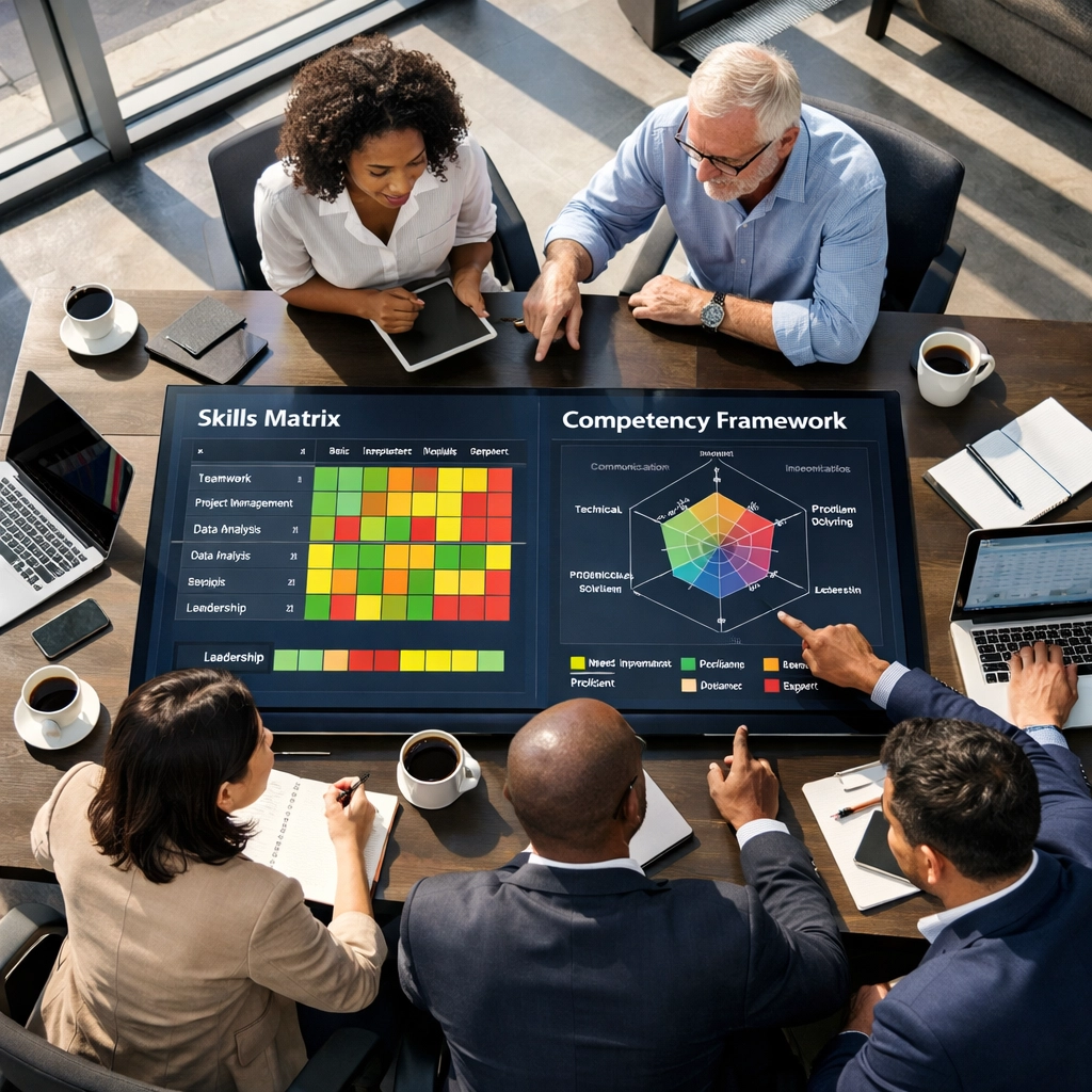 Business professionals collaborating on skills-based workforce strategy with digital competency frameworks