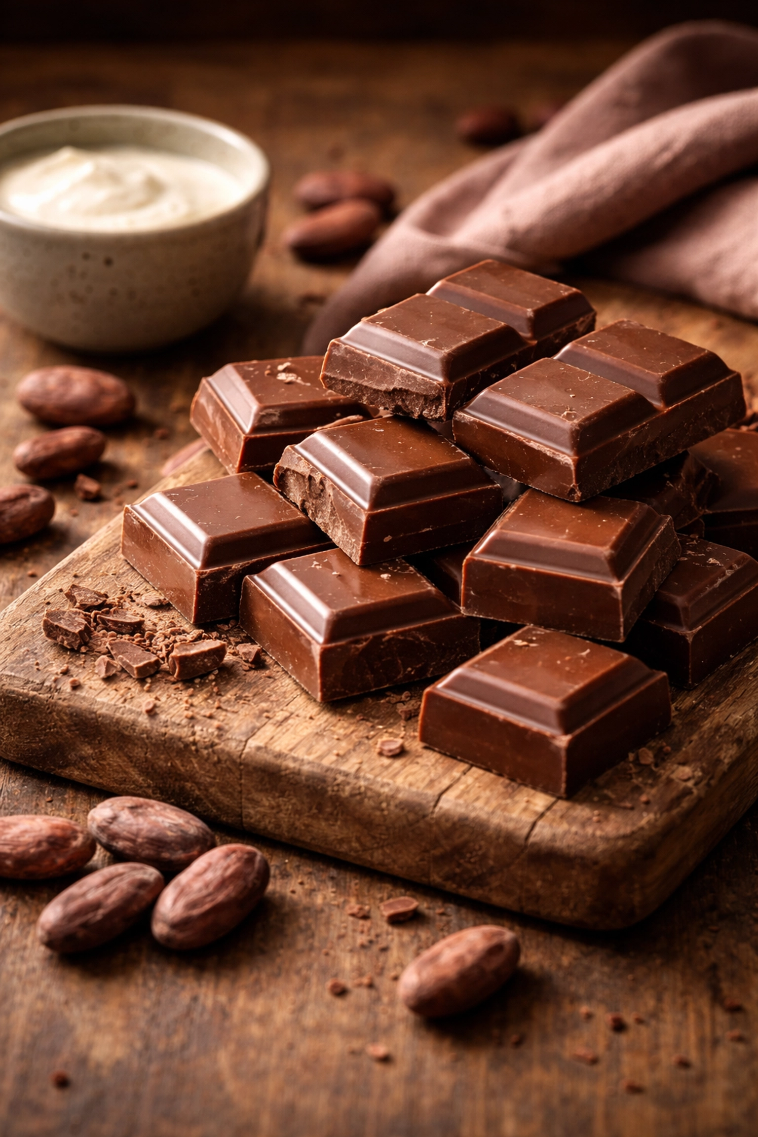 Dark milk chocolate squares on wooden board highlighting 2026's fastest-growing chocolate trend