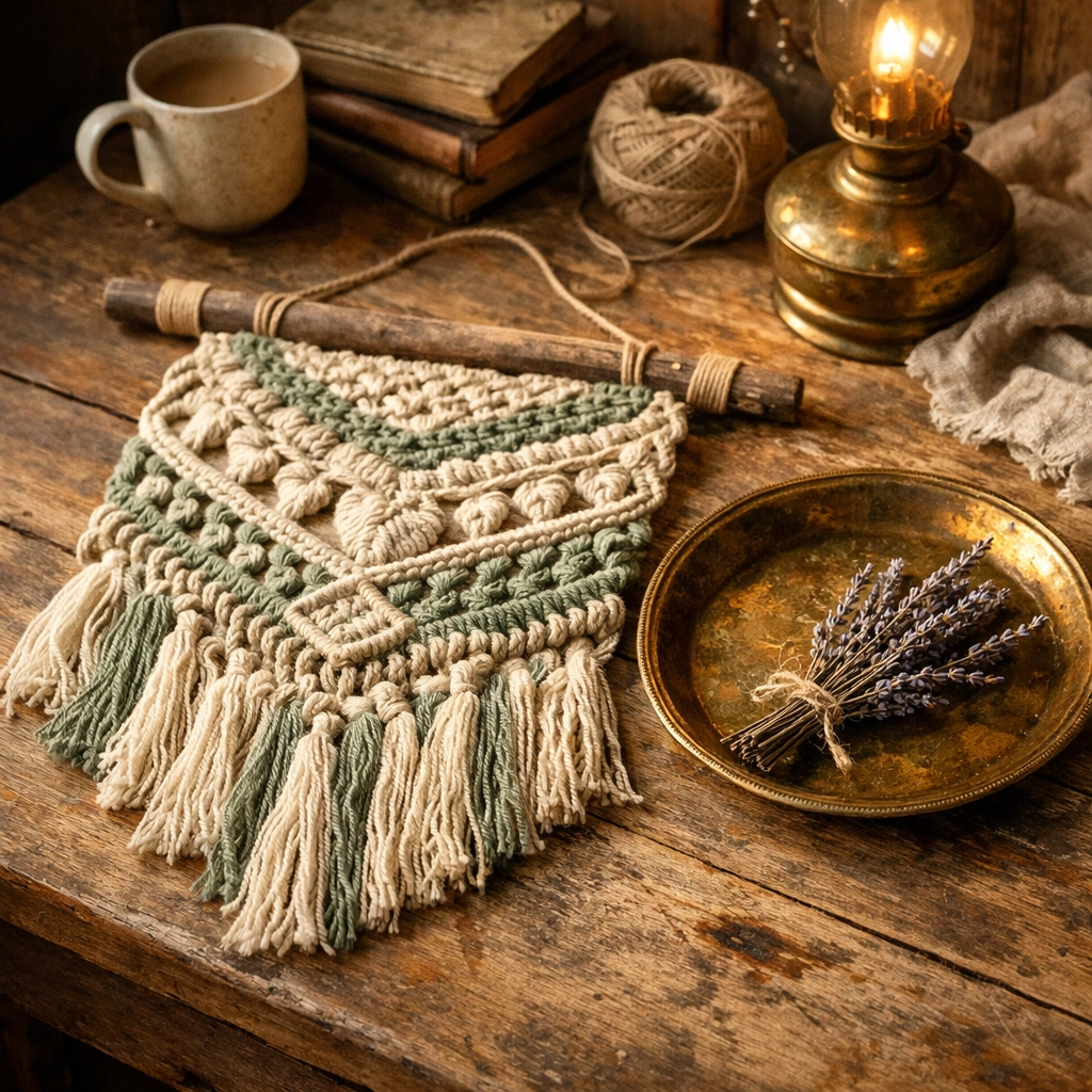 Artisanal hand-woven wall hanging and lavender display creating emotional depth in home decor.