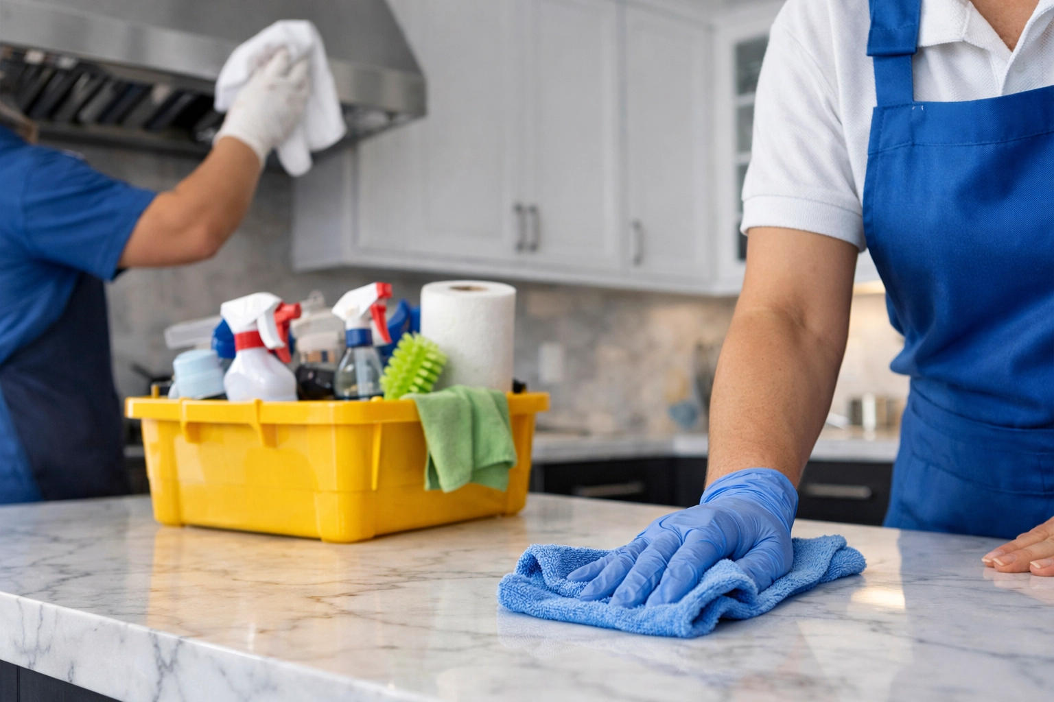 Expert cleaning team deep cleaning a luxury kitchen as part of a post-holiday cleaning service Boston.