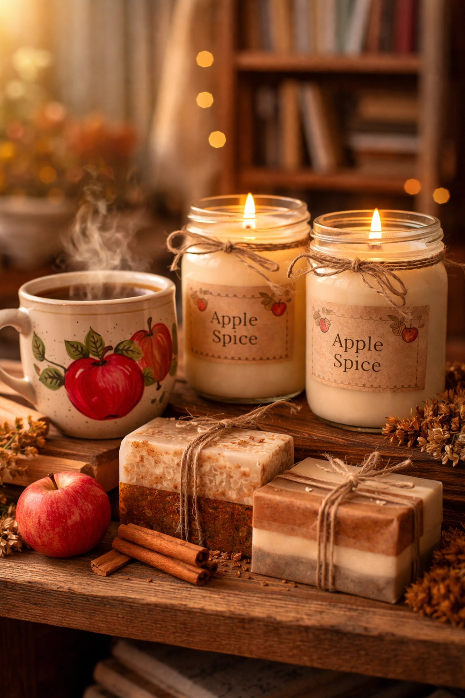 Handmade comfort gifts for teachers with apple spice candles, a personalized ceramic mug, and artisan soaps on a cozy shelf