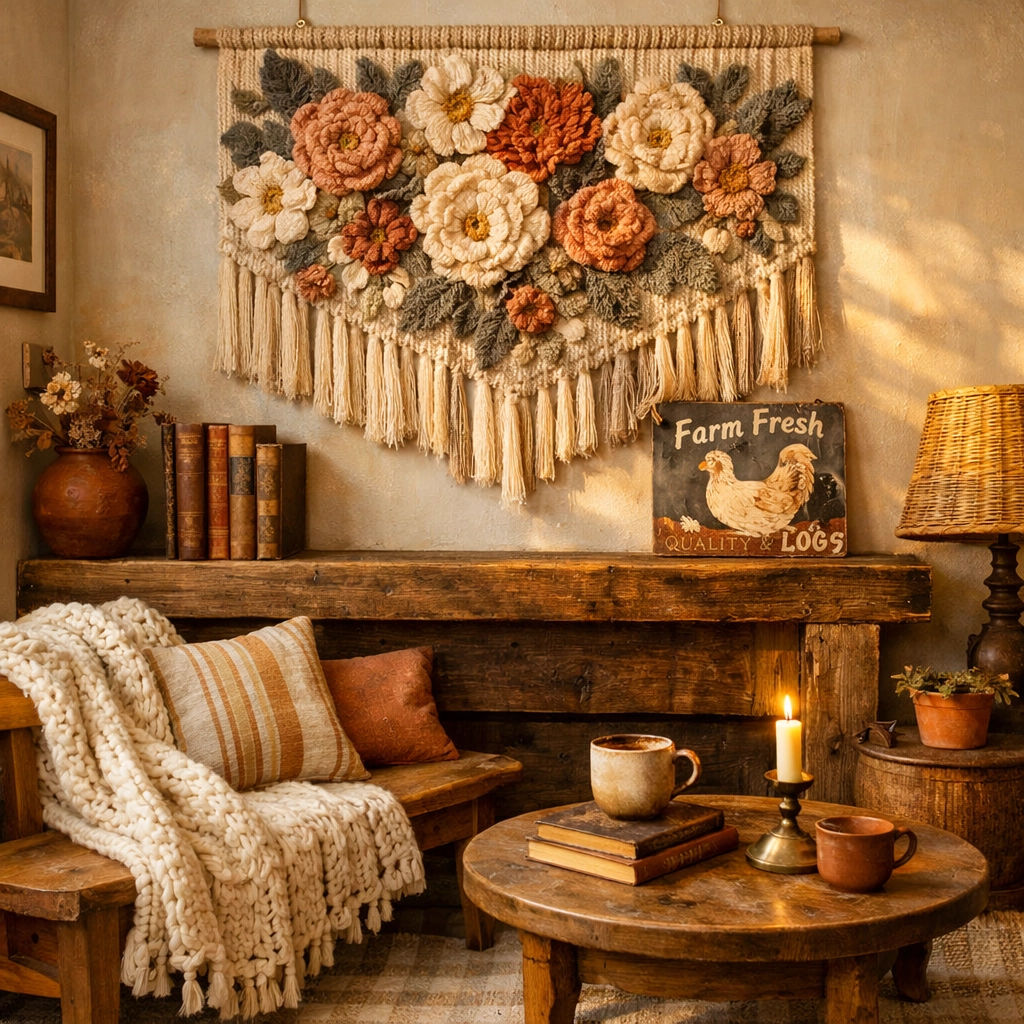 Cozy living room featuring handcrafted fiber wall art and unique artisan decor on a mantle.