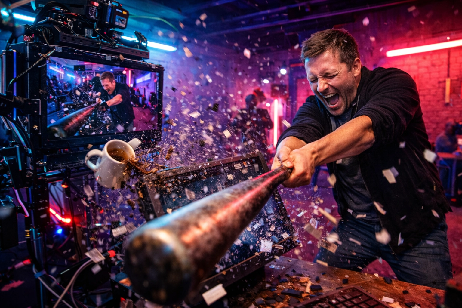Practical photo booth capturing authentic rage room destruction with guest smashing props
