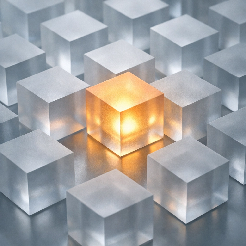 An illuminated glass cube representing digital trust and social proof in global B2B marketing strategies.