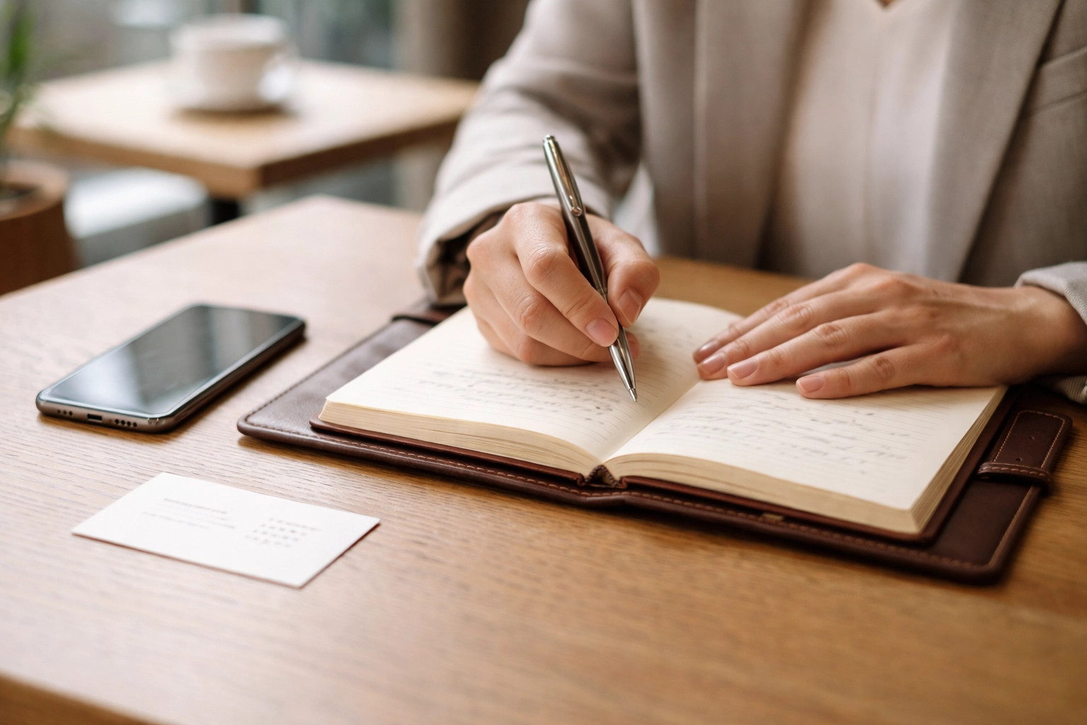Close-up of a professional jotting notes in a notebook after a networking meeting, emphasizing organized follow-up for real leads.