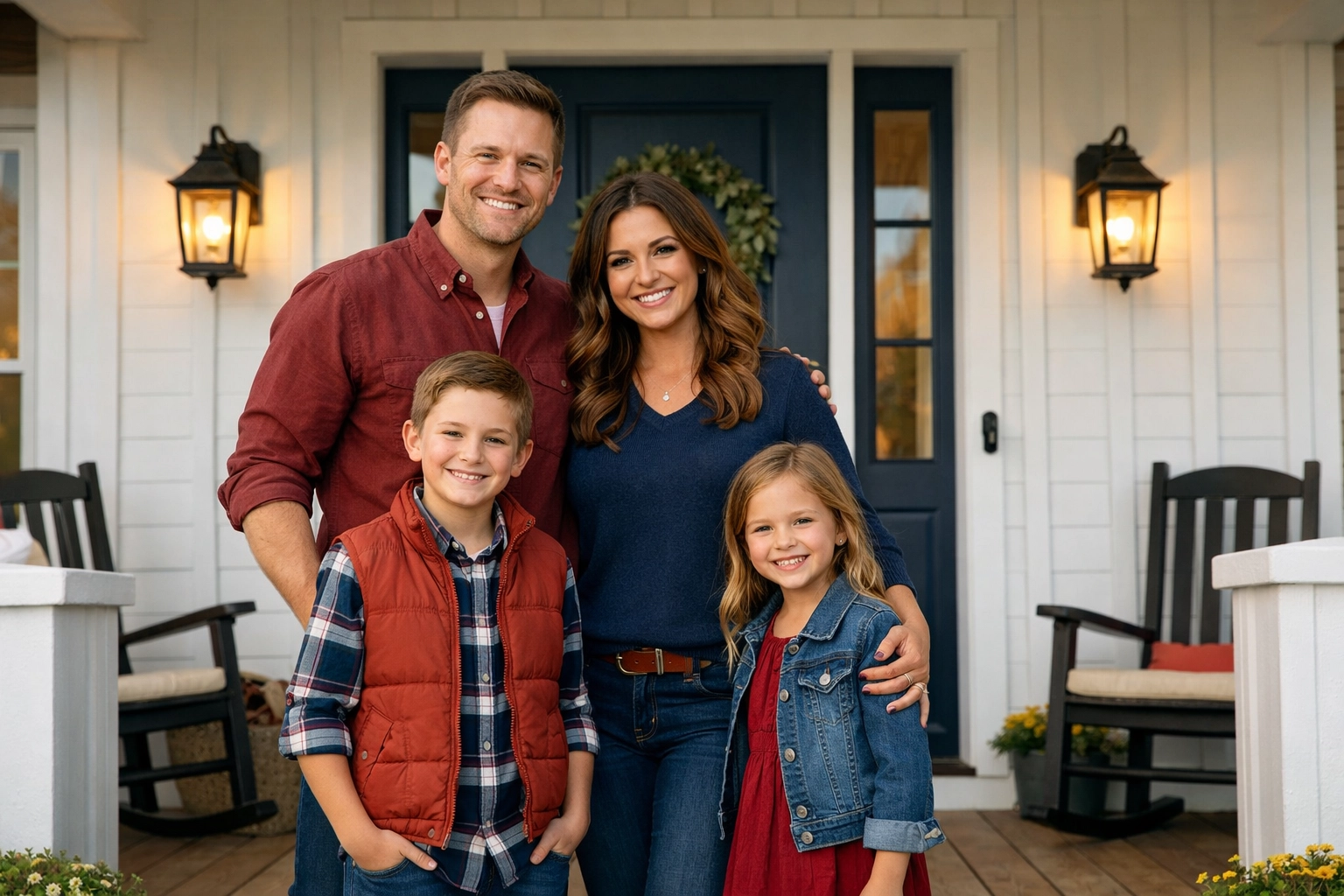 A happy family standing in front of their Texas home, achieved through a strong credit history.