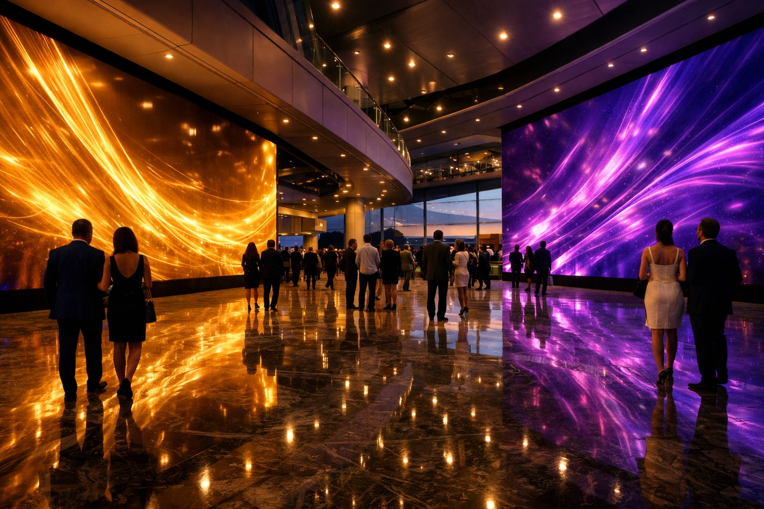 Large interactive digital signage displays in a luxury venue concourse promoting brand engagement and venue marketing.