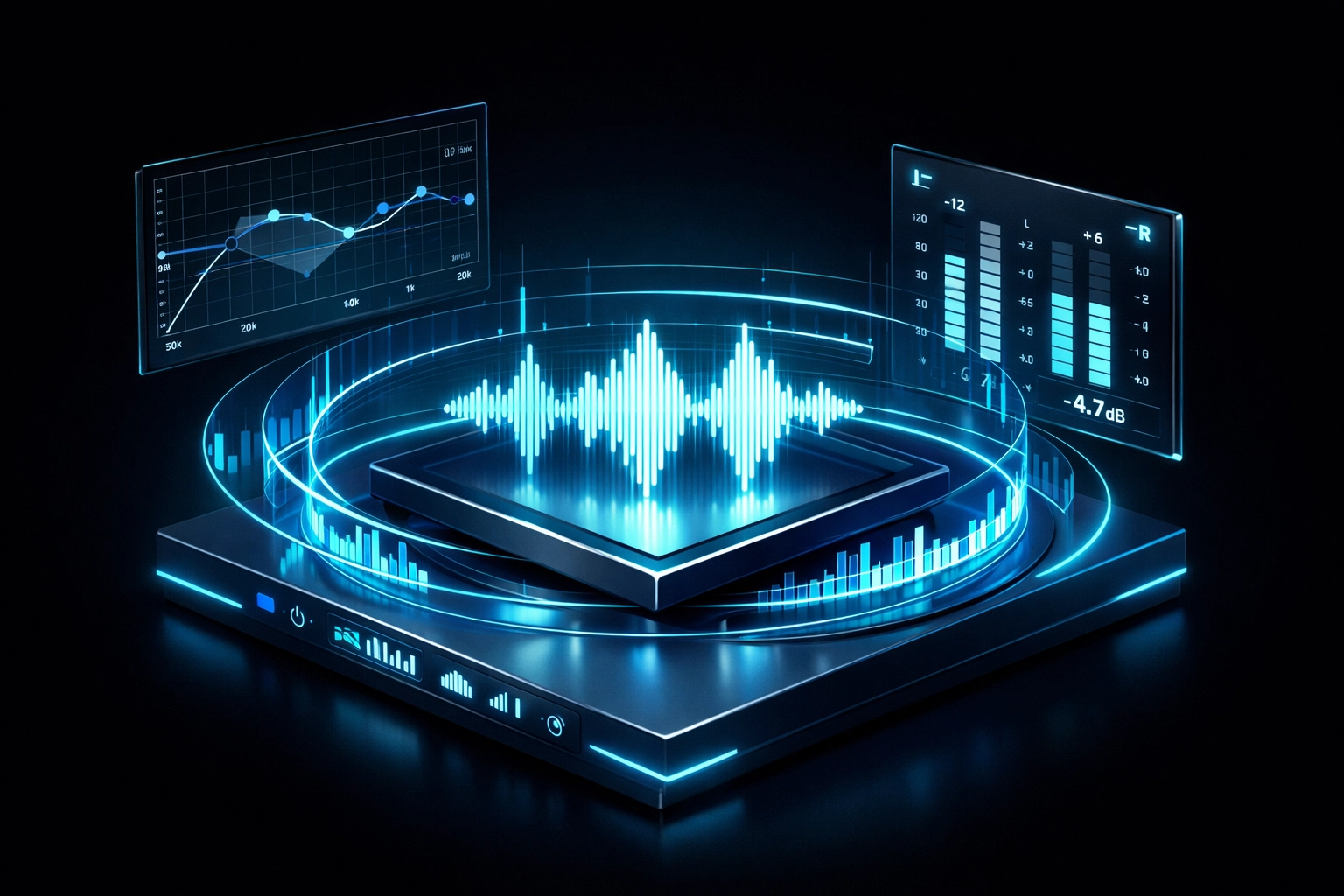 AI mastering workstation showing frequency analysis and waveform processing