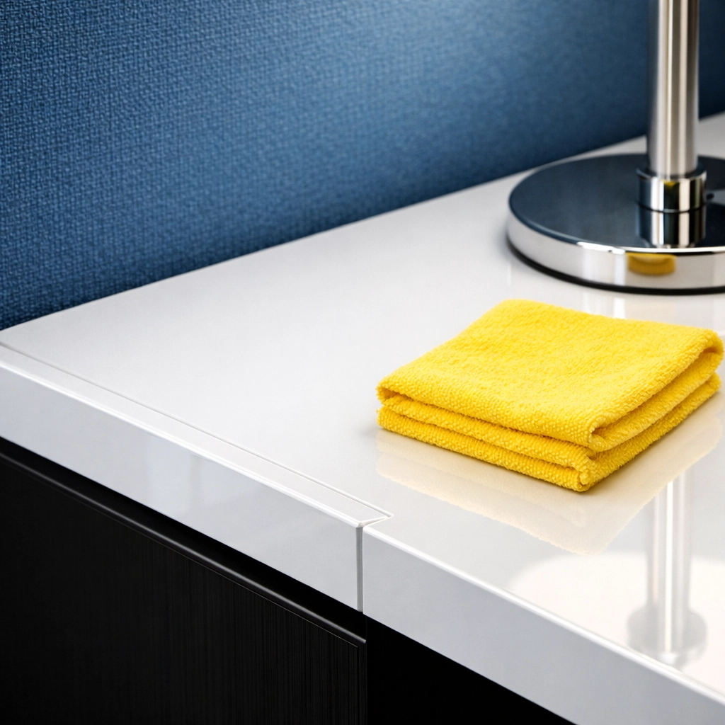 Close-up of a dust-free executive desk in Weymouth, showing meticulous commercial cleaning details.