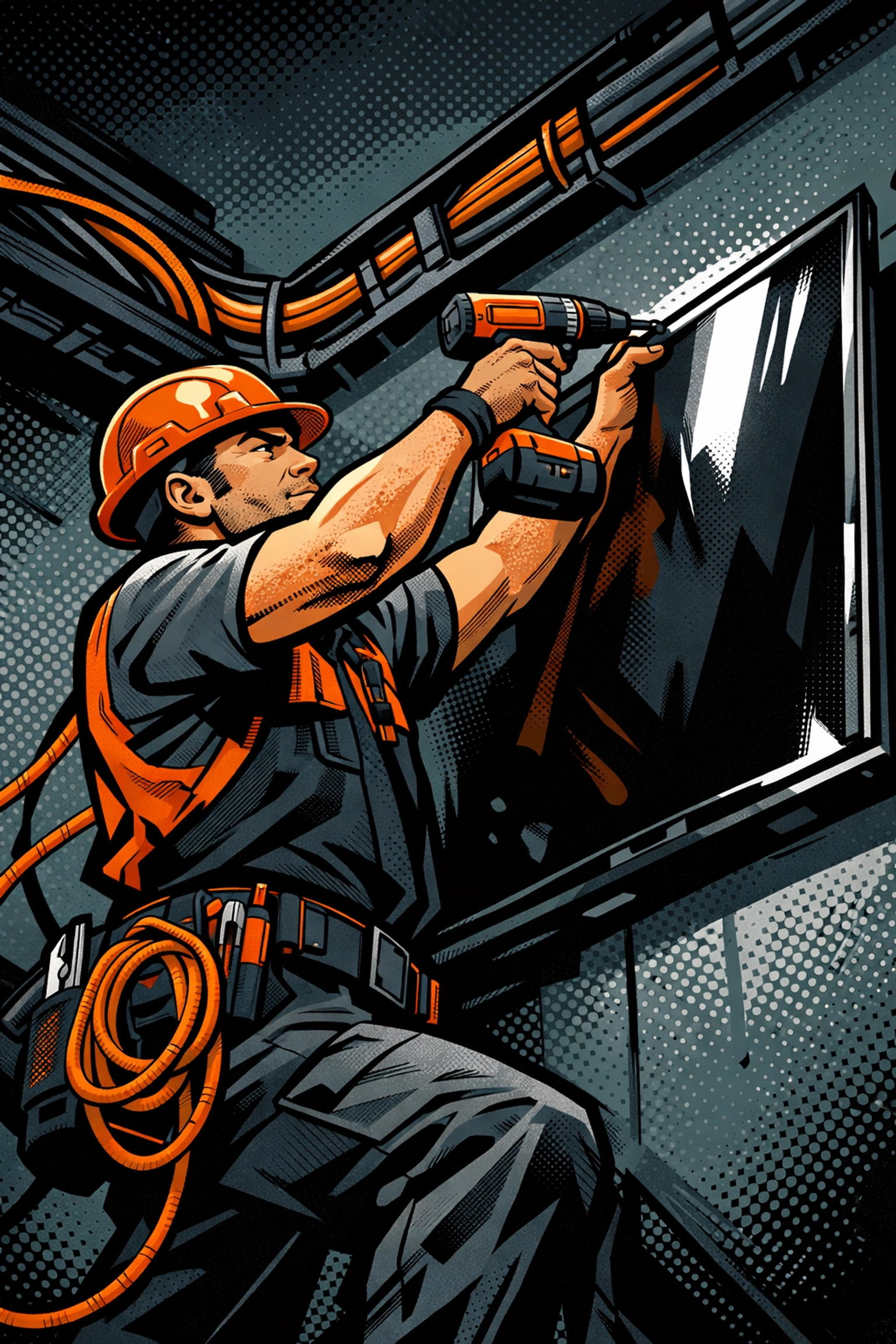 Professional AV technician installing display screen during conference room integration project