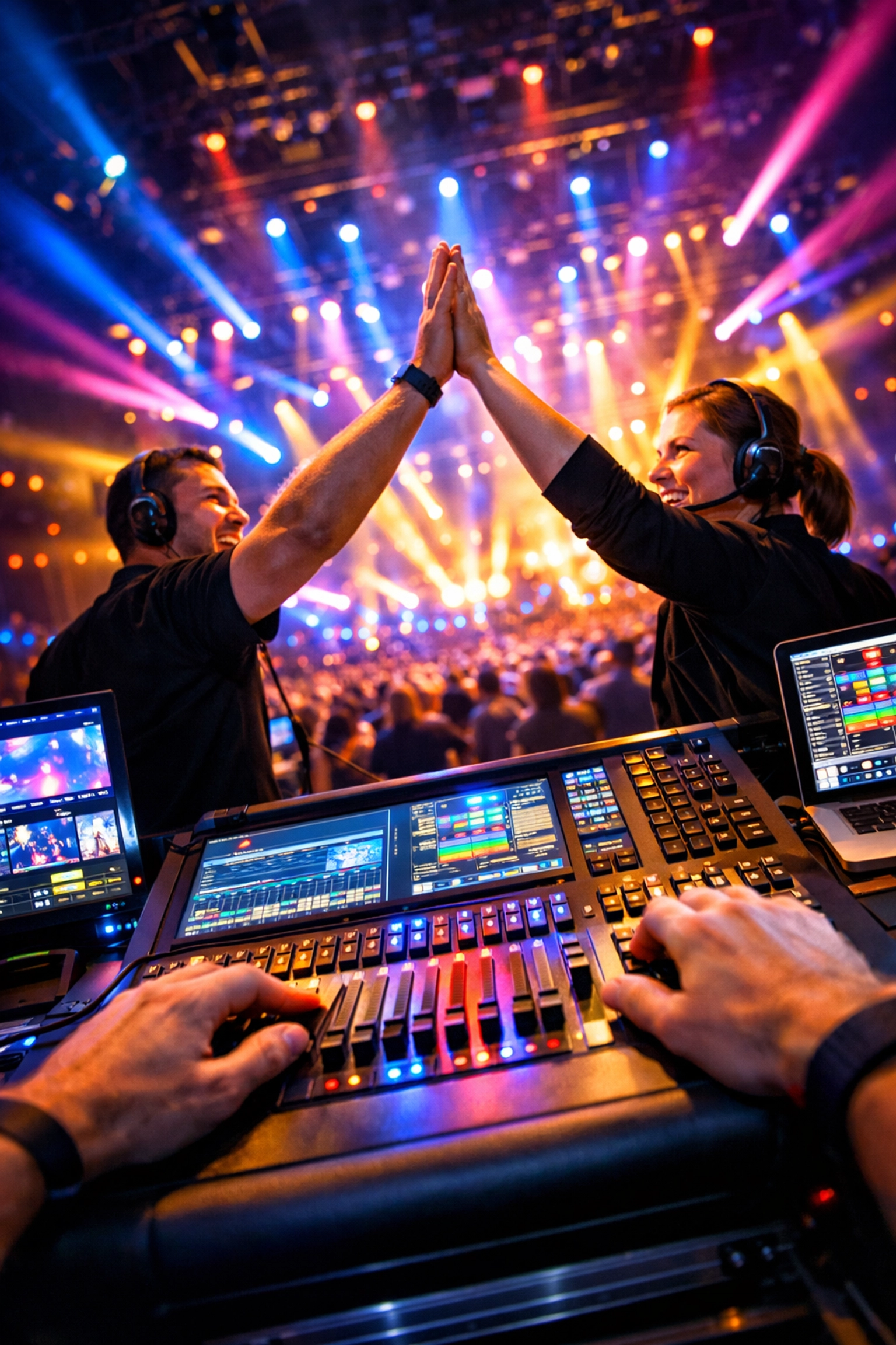 Producers celebrating a successful event with a high-five at the control desk, highlighting team health.
