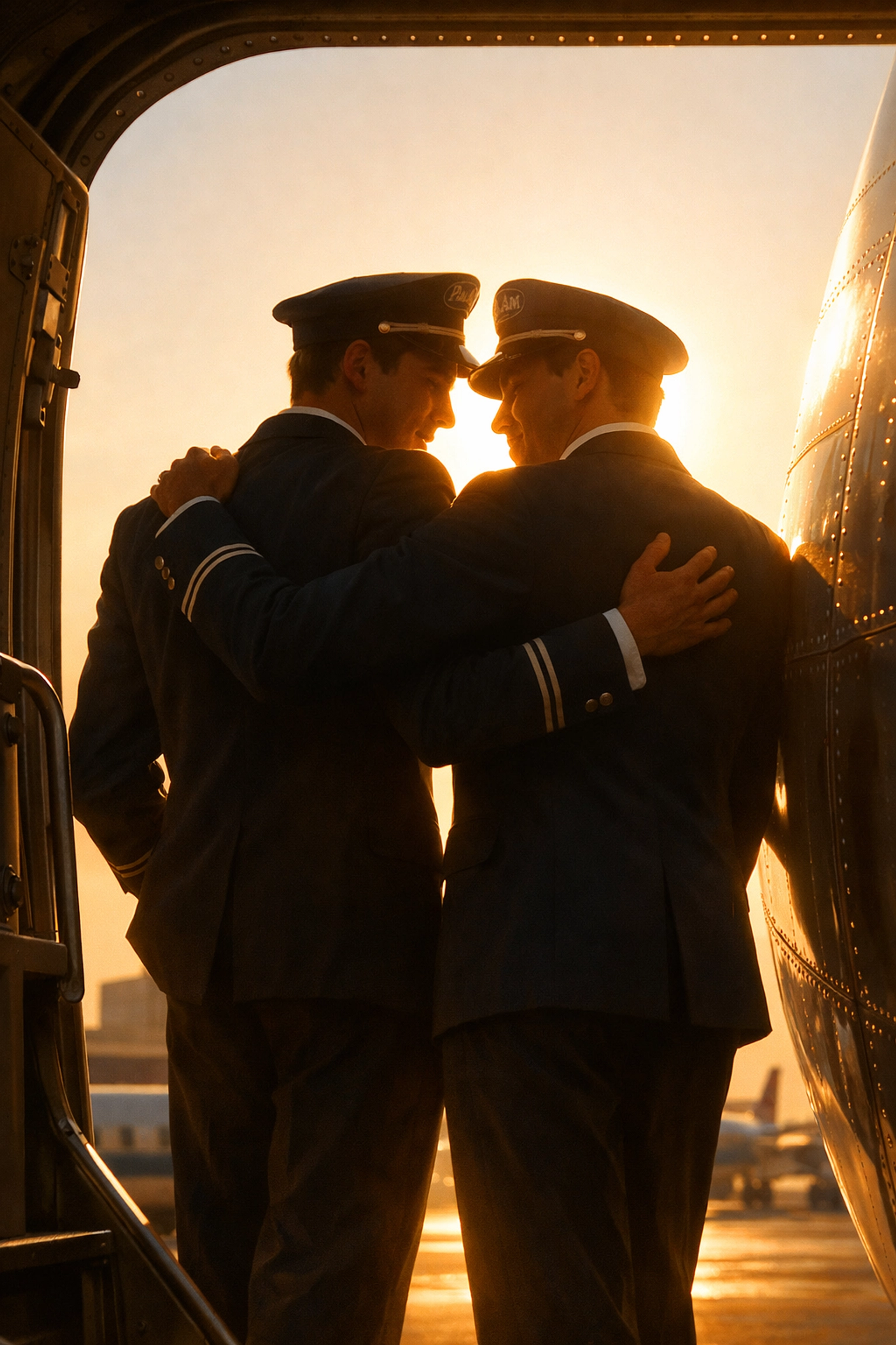 Two male stewards in vintage Pan Am uniforms standing in aircraft doorway, symbolizing aviation history