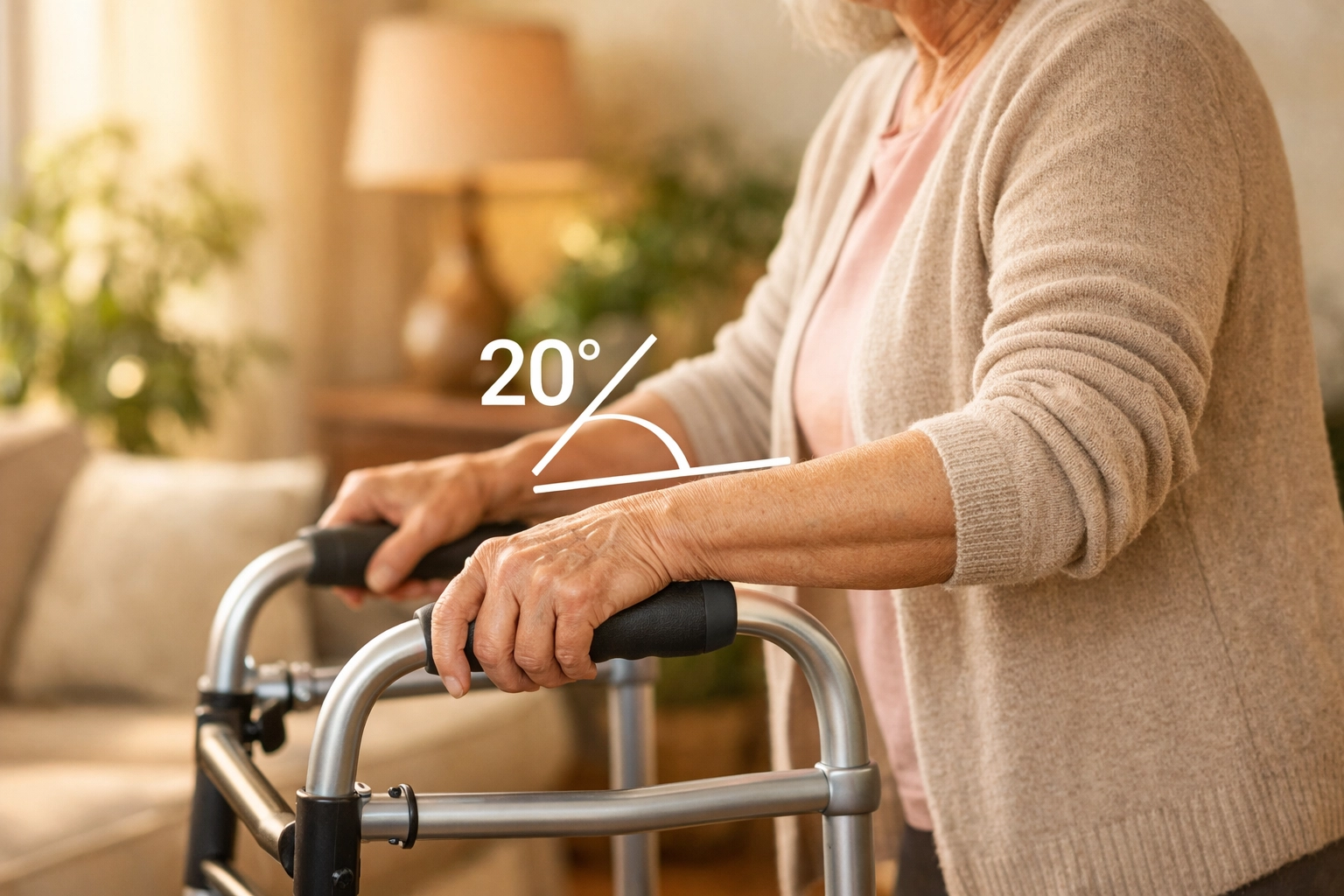 Senior woman showing correct walker height with a 20-degree elbow bend for stability.