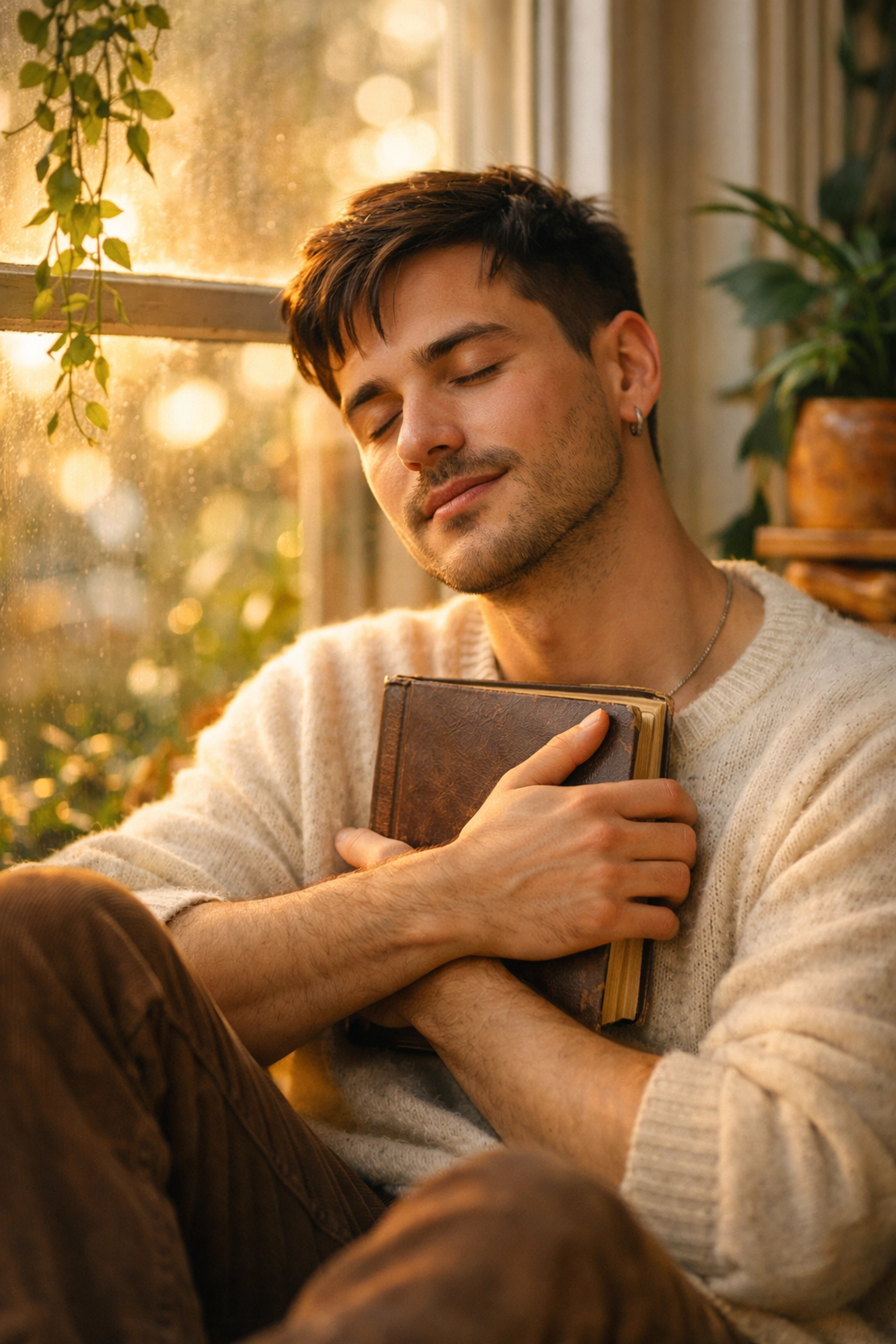 A young gay man emotionally connected to a book in a cozy nook, inspired by LGBTQ+ fiction.