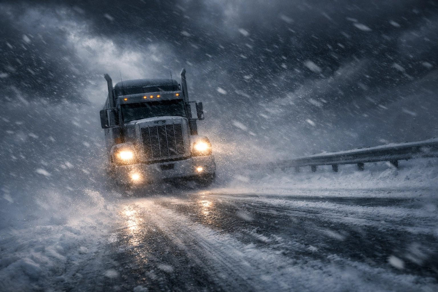 Semi-truck driving through dangerous bomb cyclone blizzard conditions on snowy highway