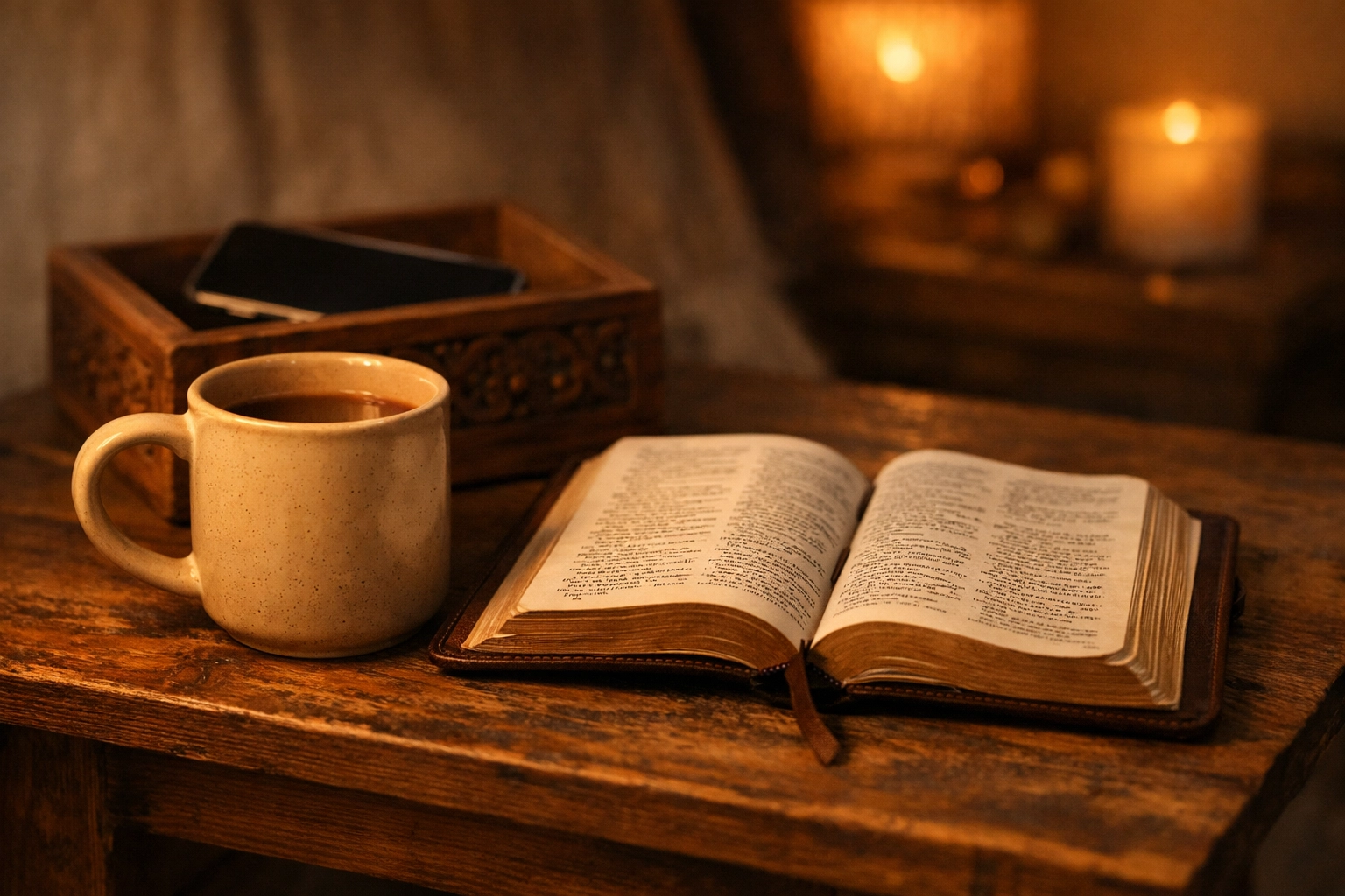 An open Bible and warm mug on a table next to a phone put away for a digital Sabbath.