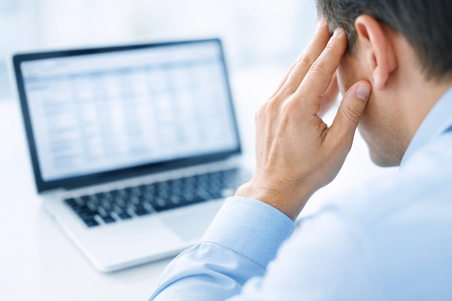 Stressed business owner rubbing temples while looking at a messy QuickBooks spreadsheet on a laptop.