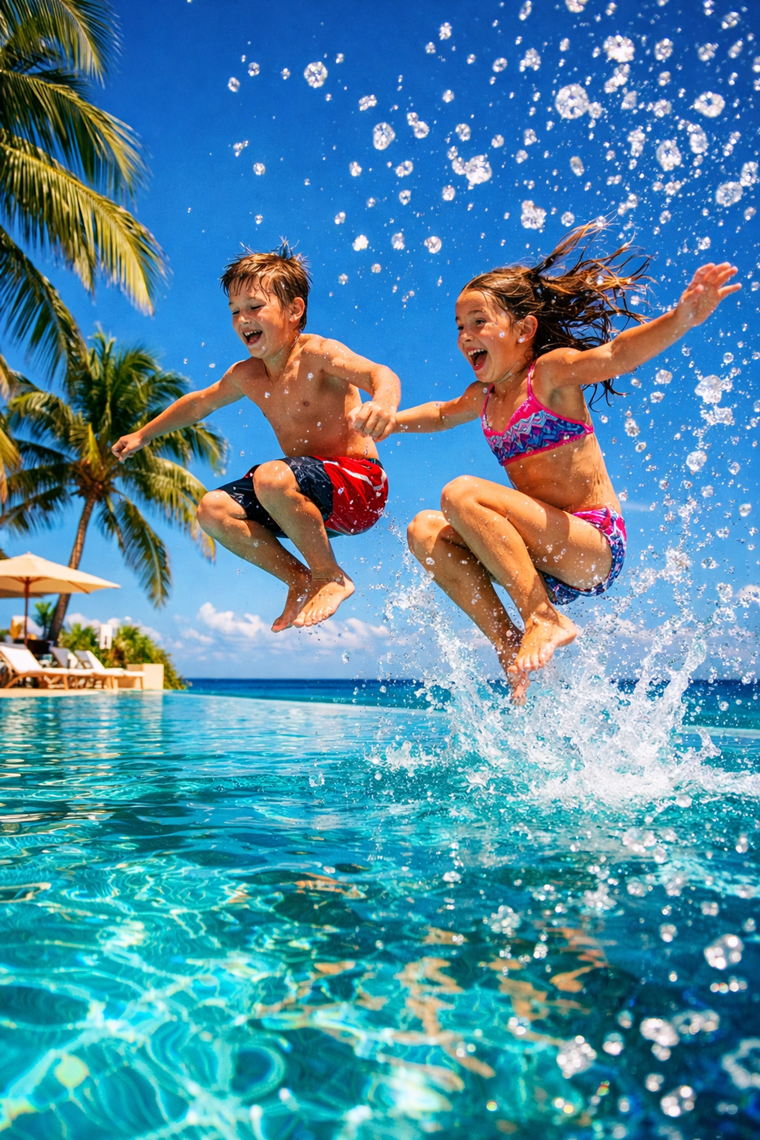 Kids jumping into a bright blue infinity pool during a fun Cancun family vacation at a tropical resort.