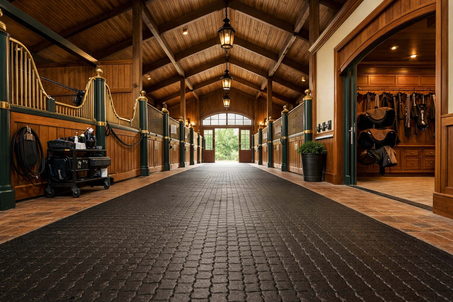 Center aisle barn interior with custom stalls and professional equestrian design