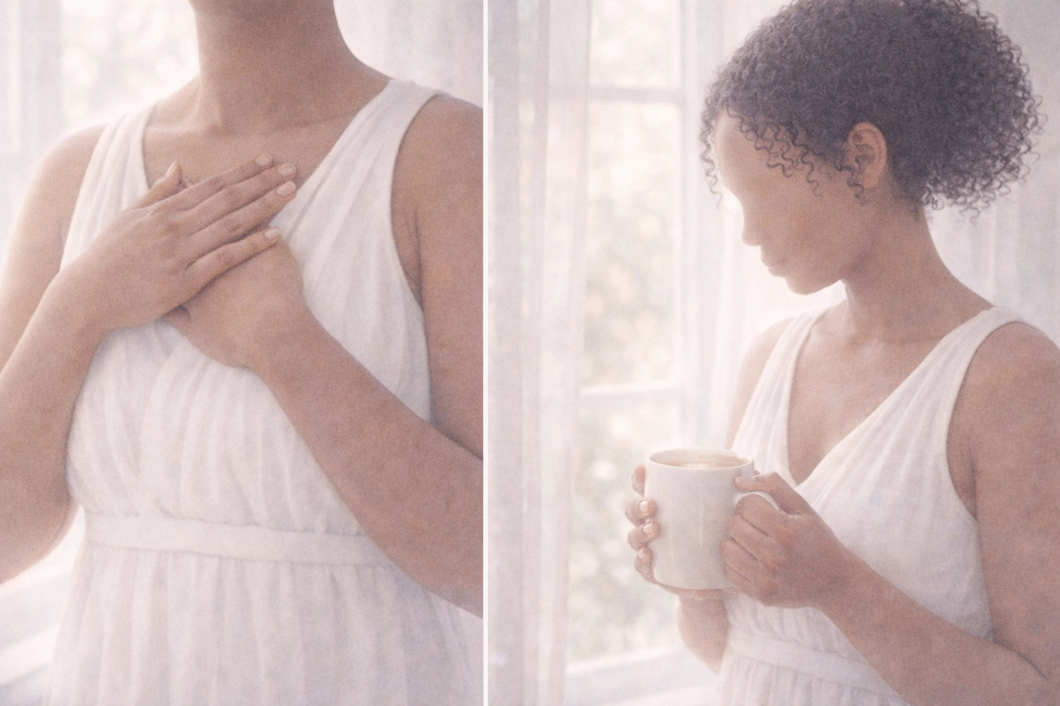 Faceless soulful photo of hands over heart in soft light, tuning into inner signals while setting boundaries