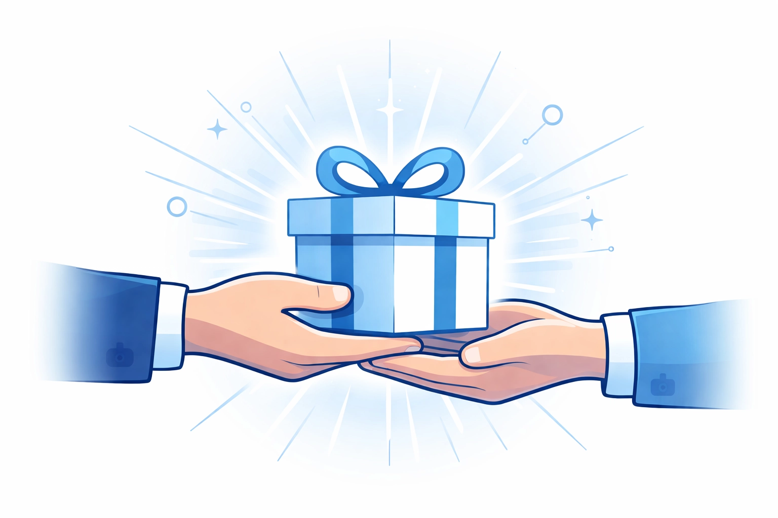 Modern illustration of hands exchanging a glowing gift, symbolizing trust and value in brand relationships