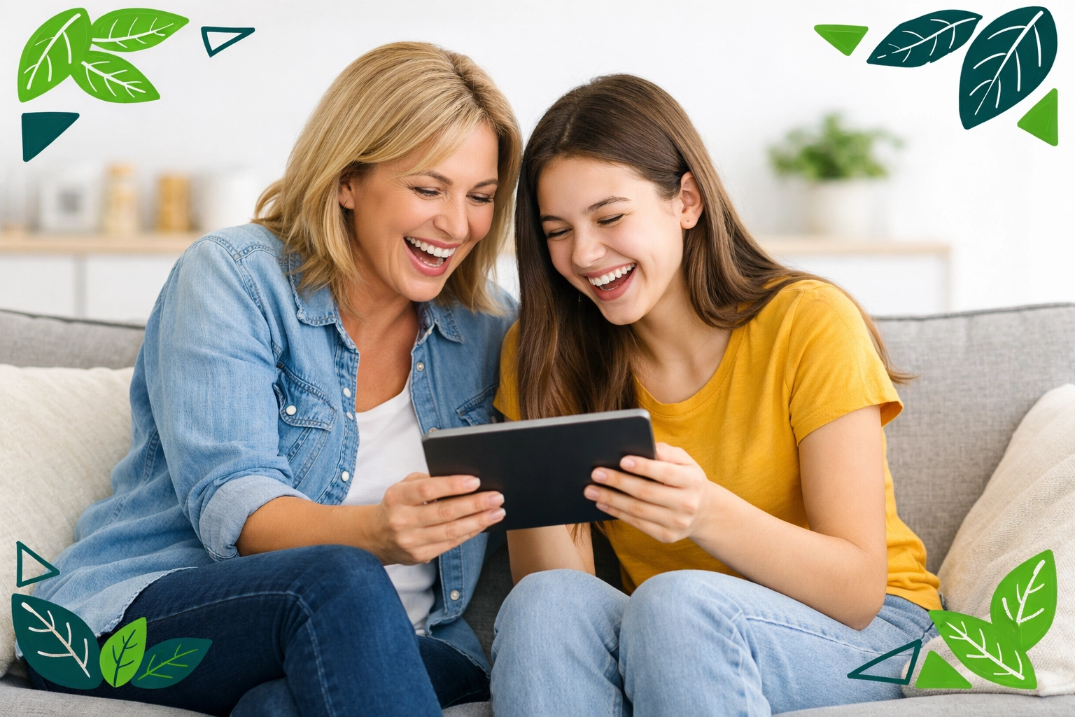 Mother and daughter connecting on a sofa to improve communication and listening skills.