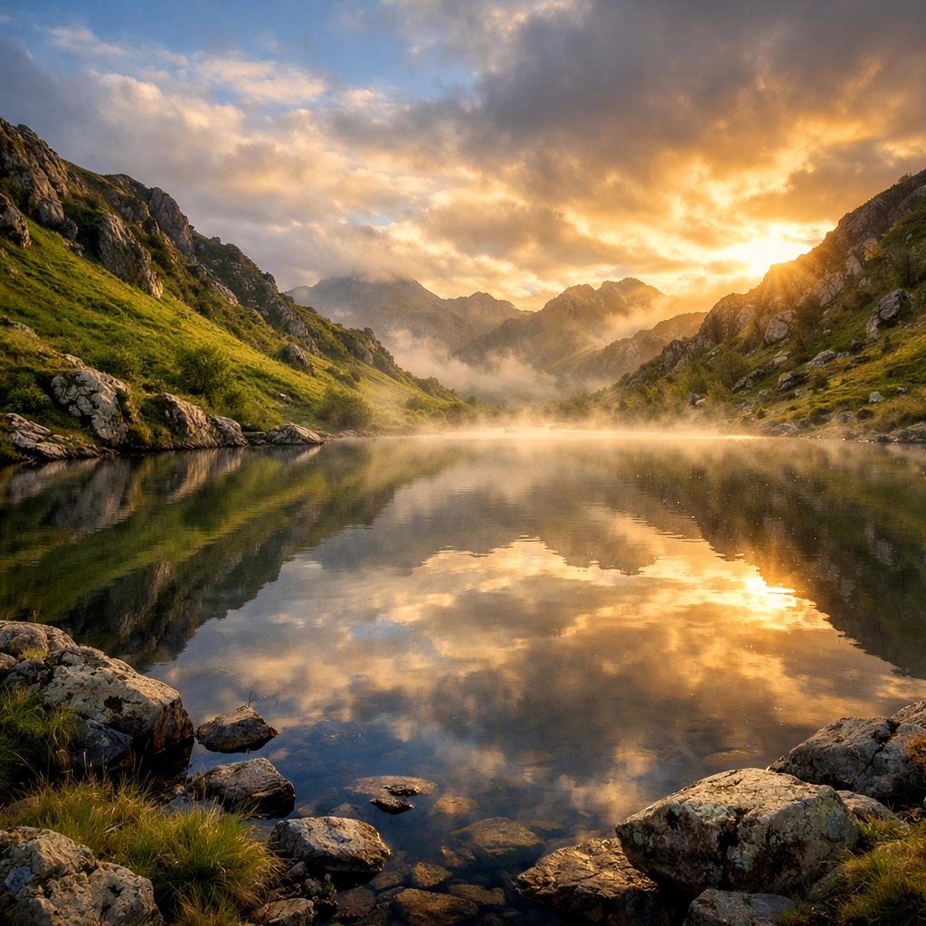 Hidden mountain tarn on Lake District guided walk with misty morning reflections
