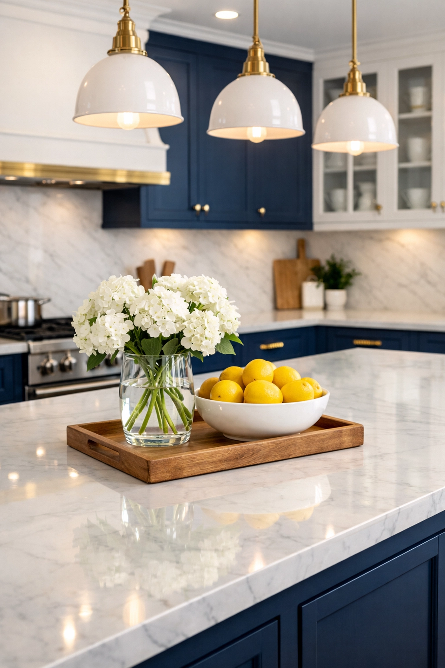 Sparkling clean Ashby kitchen with marble countertops and eco-friendly cleaning touches.