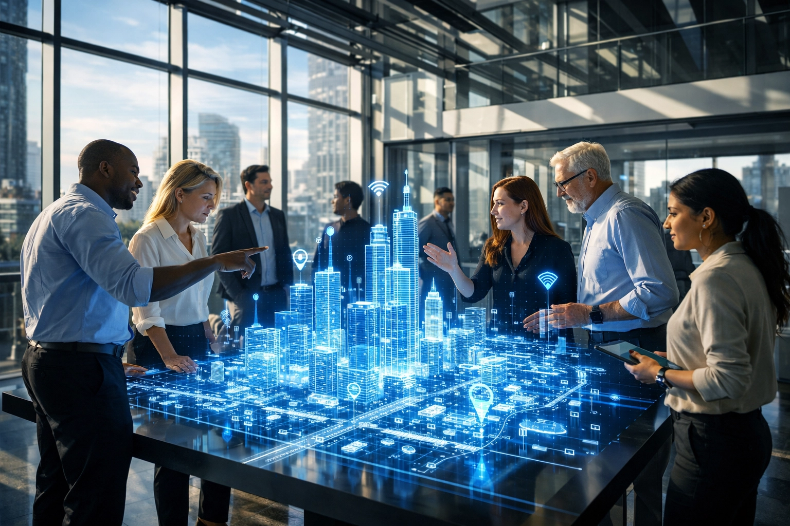 Professionals in a modern innovation hub interacting with digital infrastructure to scale career readiness.