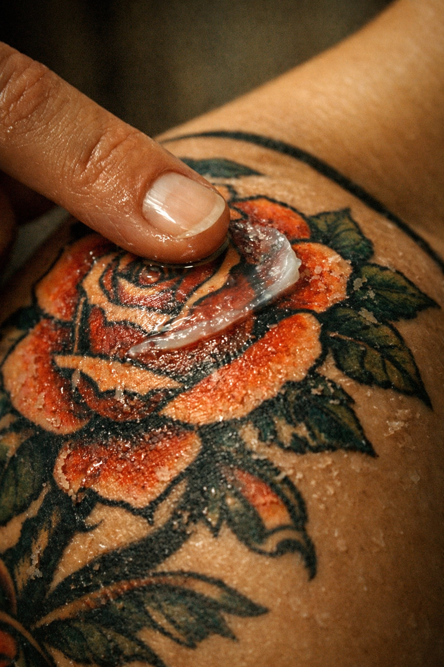 Applying a thin layer of moisturizing balm to a healing tattoo on a shoulder.