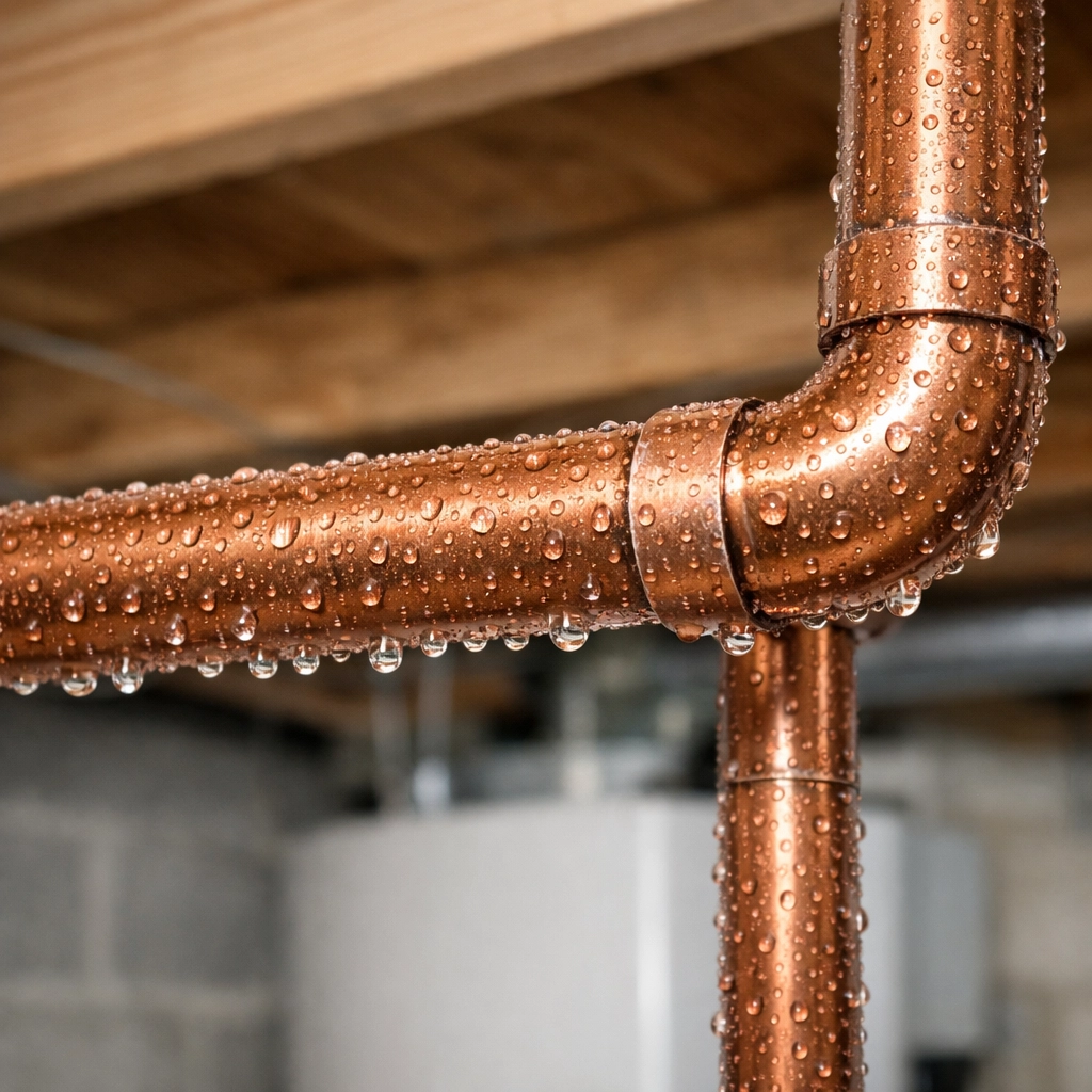 Condensation on copper plumbing pipes in a basement, a common source of winter moisture and mold.