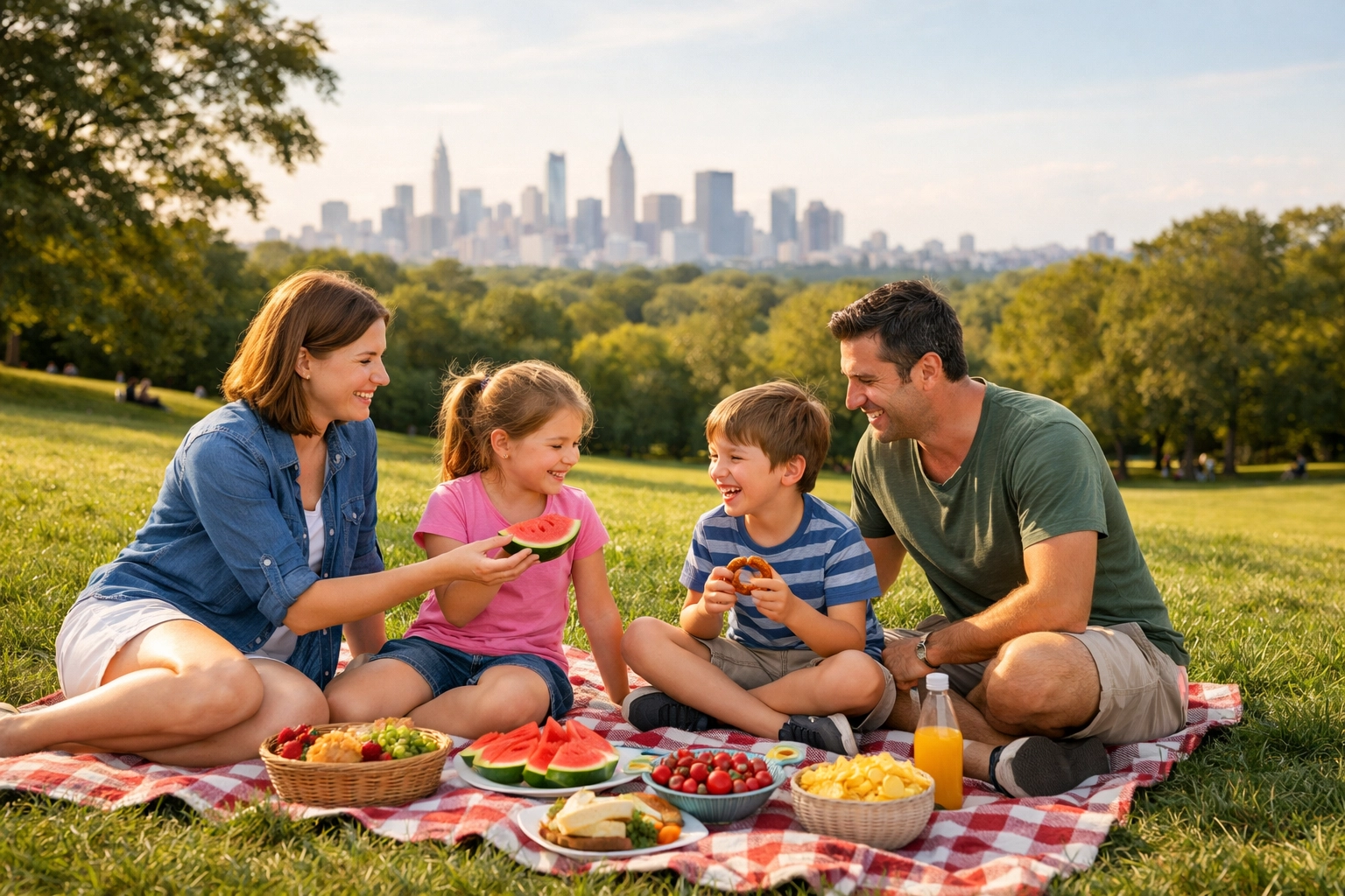Family enjoying an outdoor picnic in a park, a budget-friendly fun travel activity.
