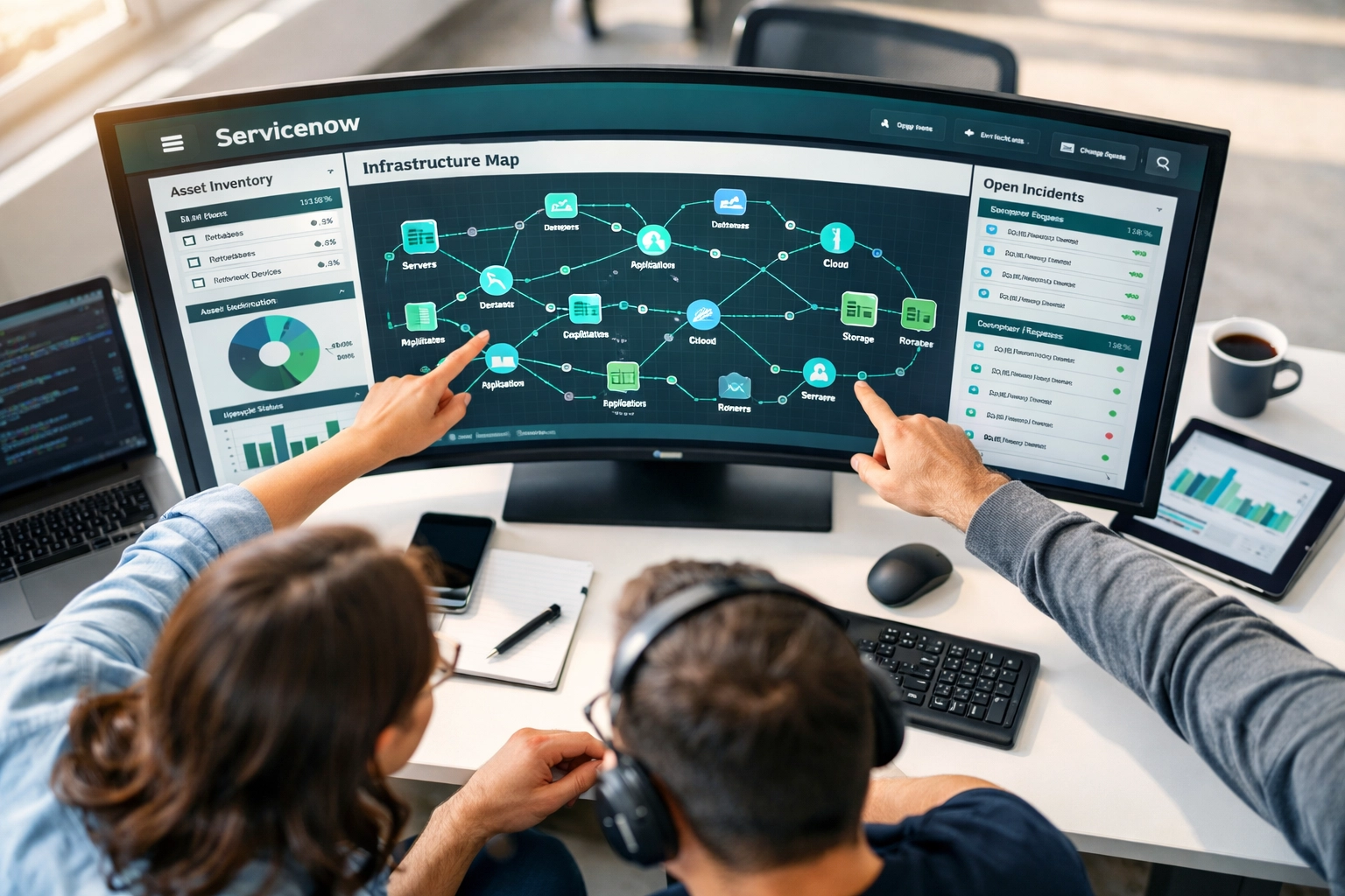 IT team analyzing integrated ServiceNow ITOM and ITAM dashboard for license optimization