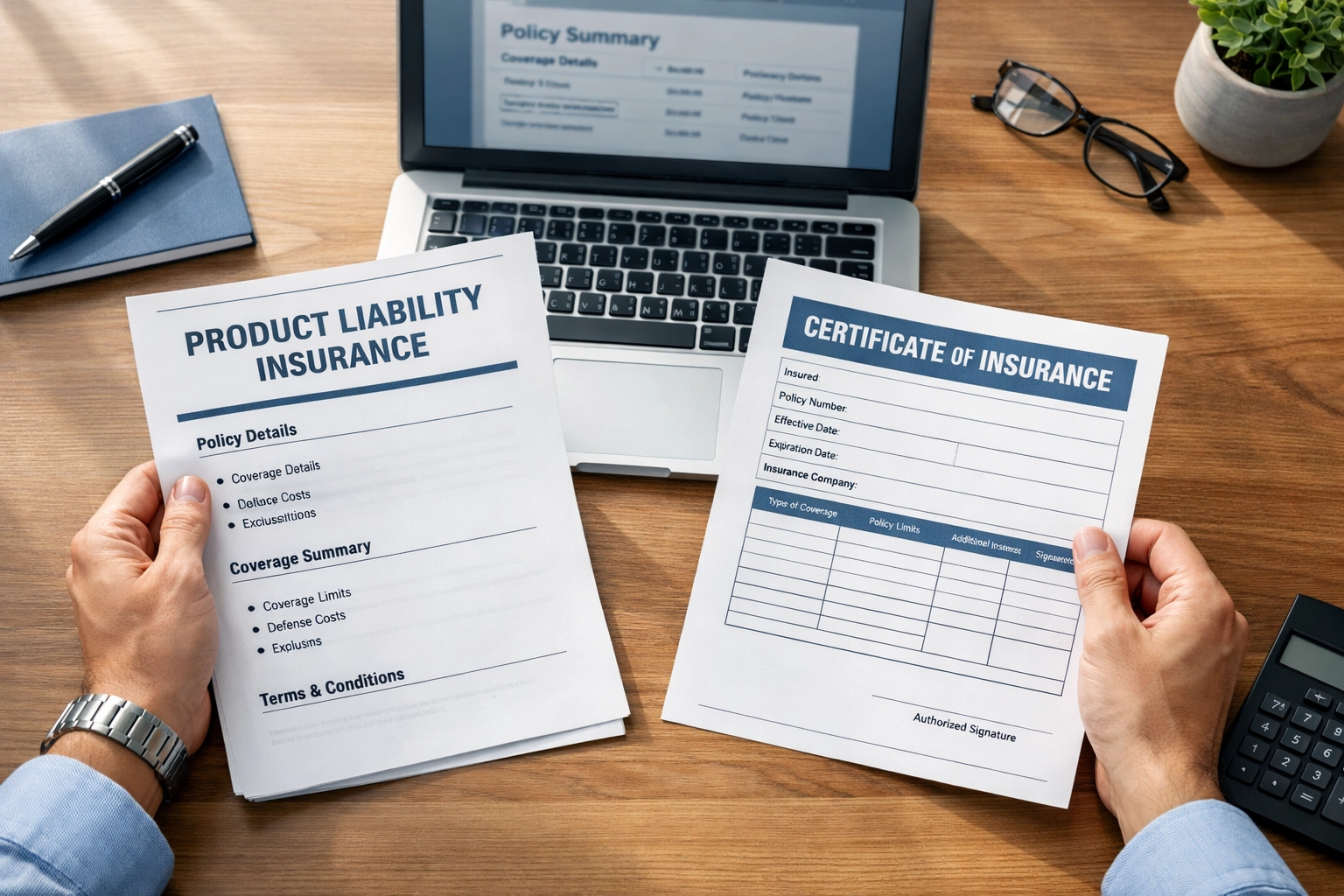 Business owner reviewing product liability insurance documents and certificate of insurance