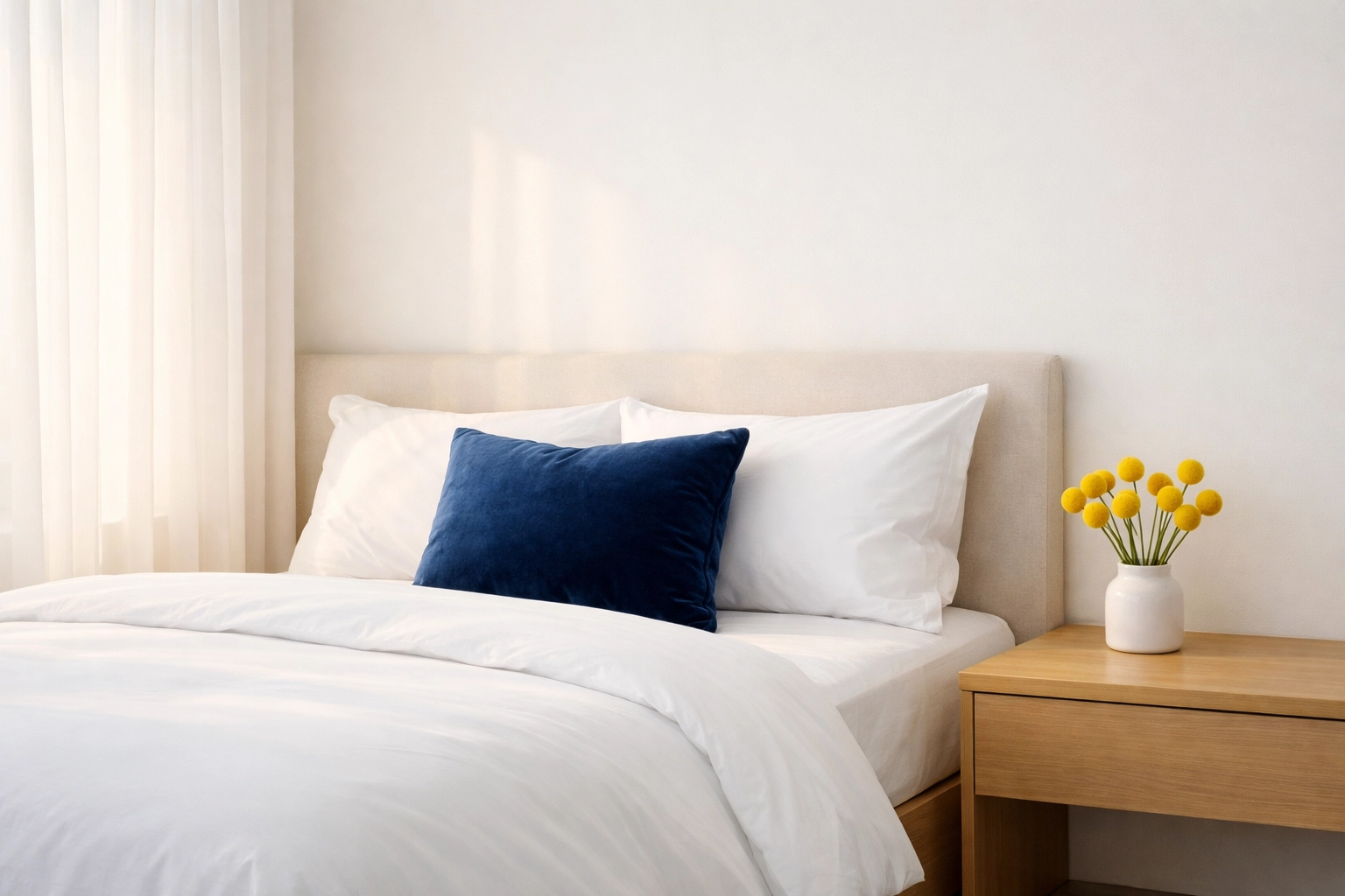 A clutter-free luxury bedroom with white linens, highlighting the mental health benefits of professional home cleaning.
