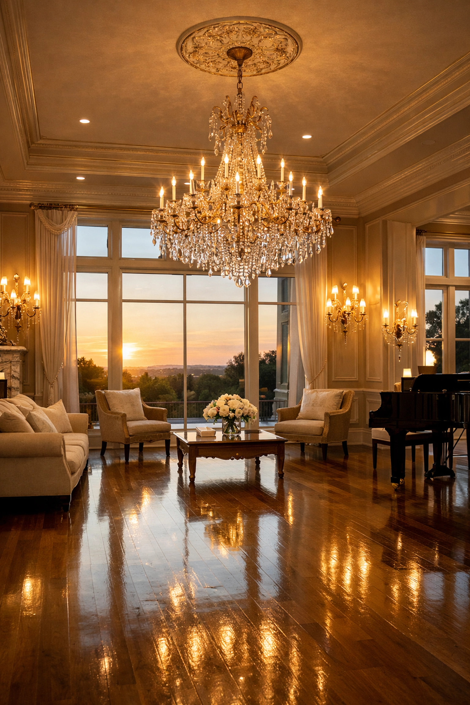 Grand chandelier and wall sconces providing brilliant ambient light in a professionally cleaned home.