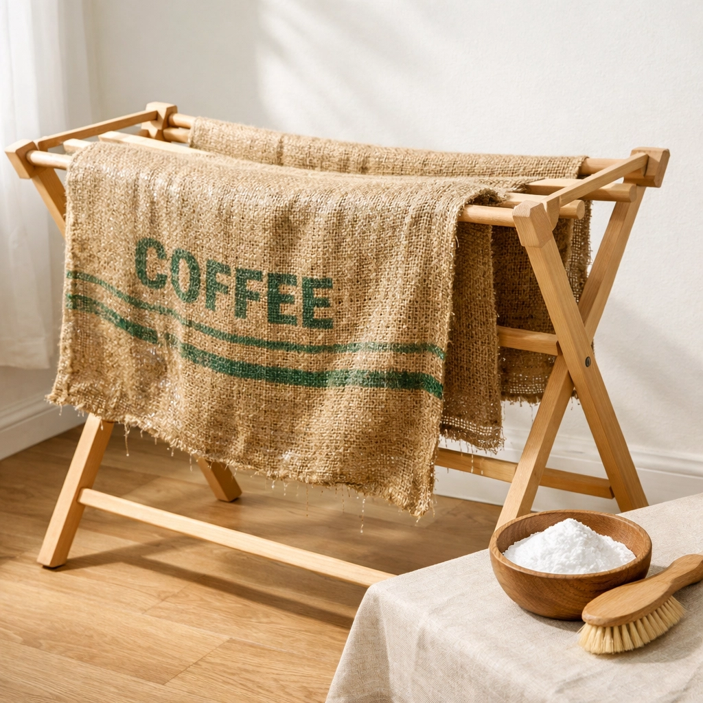 Damp jute coffee sack drying on a wooden rack after cleaning with natural baking soda for reuse.