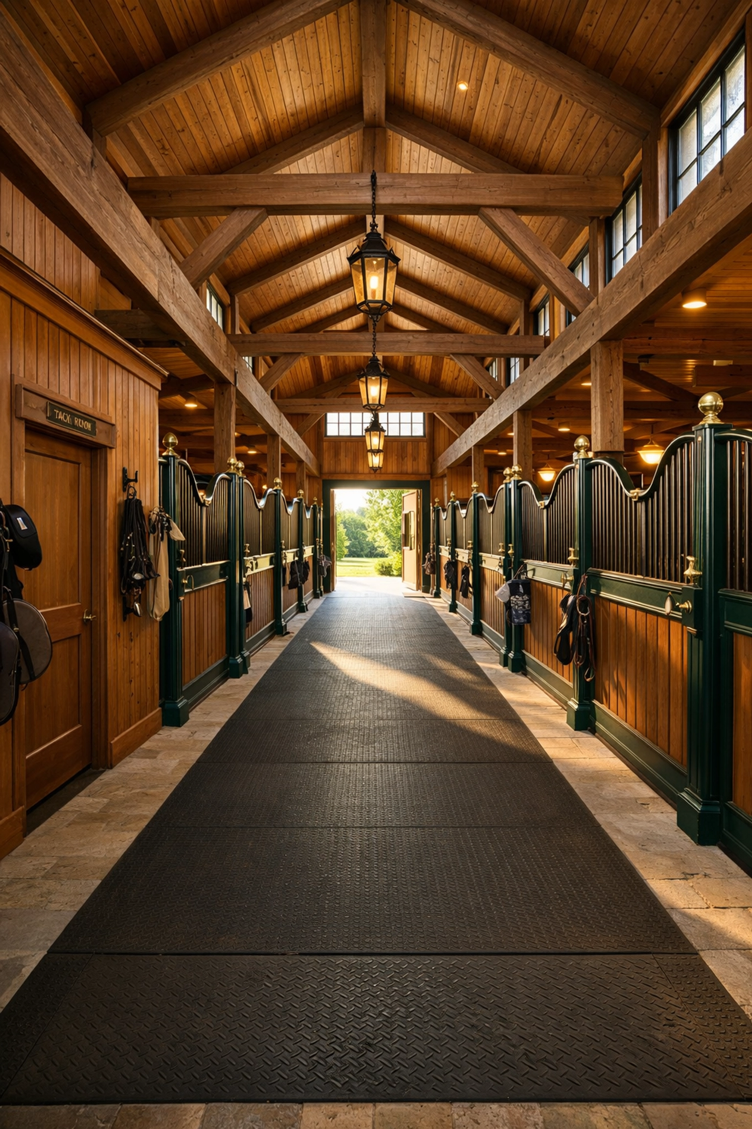 Professional horse barn interior showing stalls and center aisle at Waxhaw equestrian property