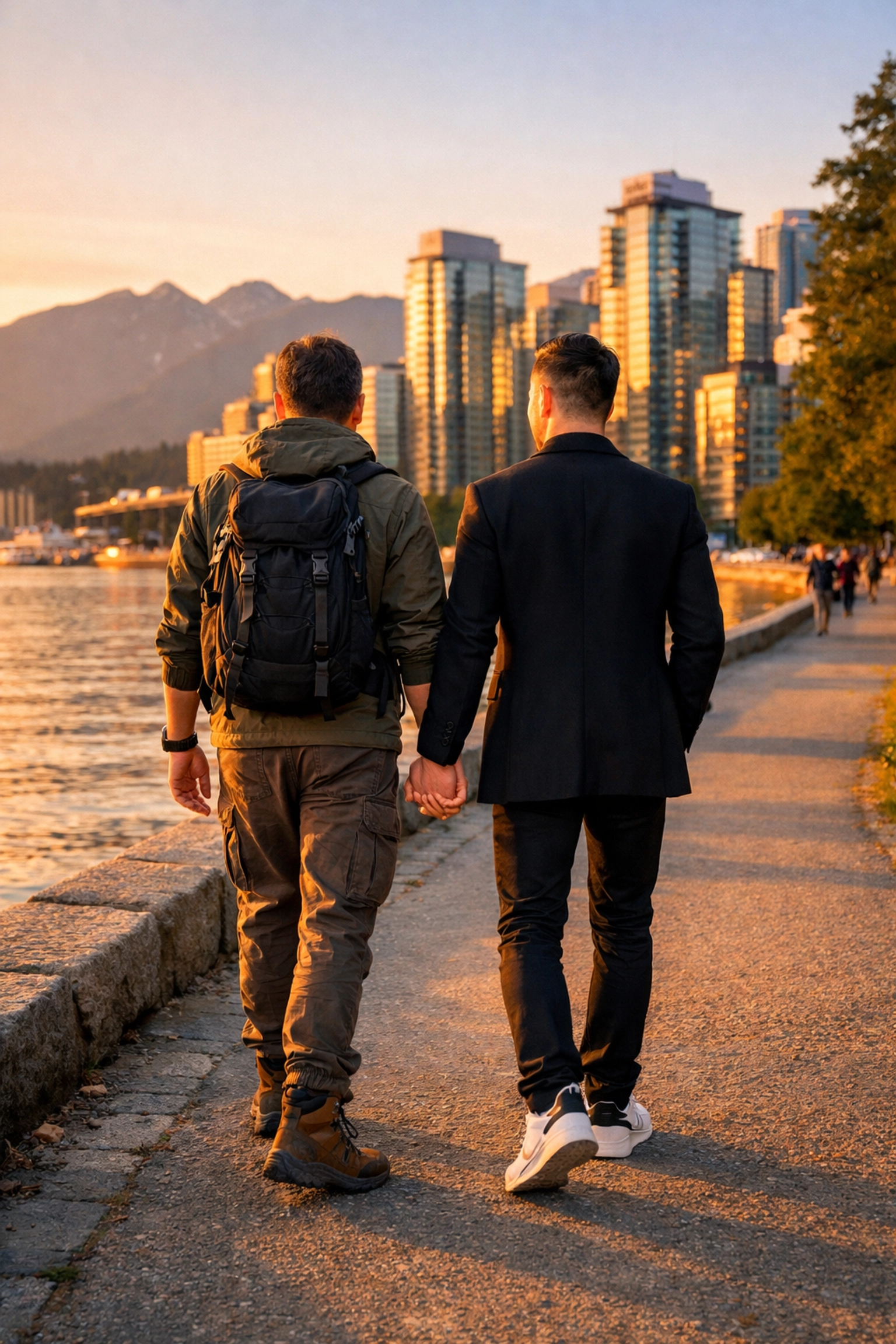 Gay couple holding hands on Vancouver seawall at sunset with urban and mountain backdrop