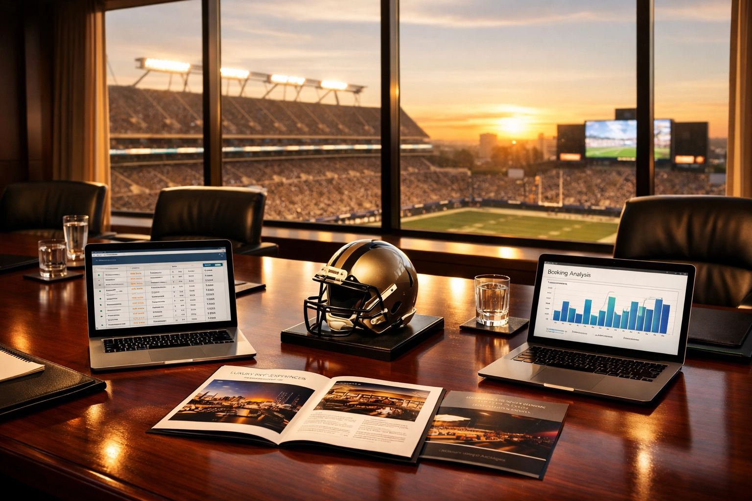 Corporate executives planning Super Bowl travel strategy in boardroom overlooking stadium