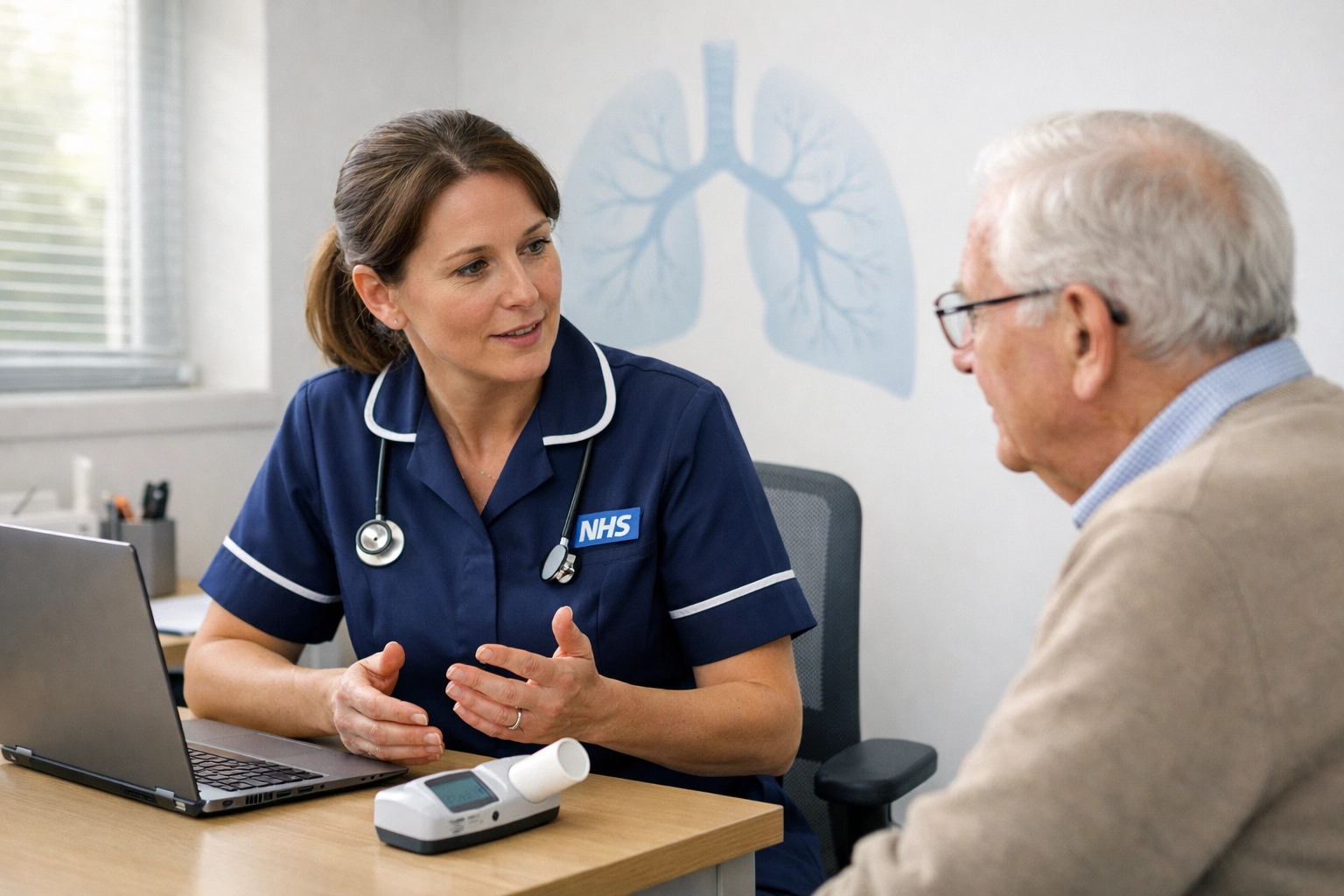 Respiratory nurse and patient in a community clinic, highlighting NHS respiratory care transformation.