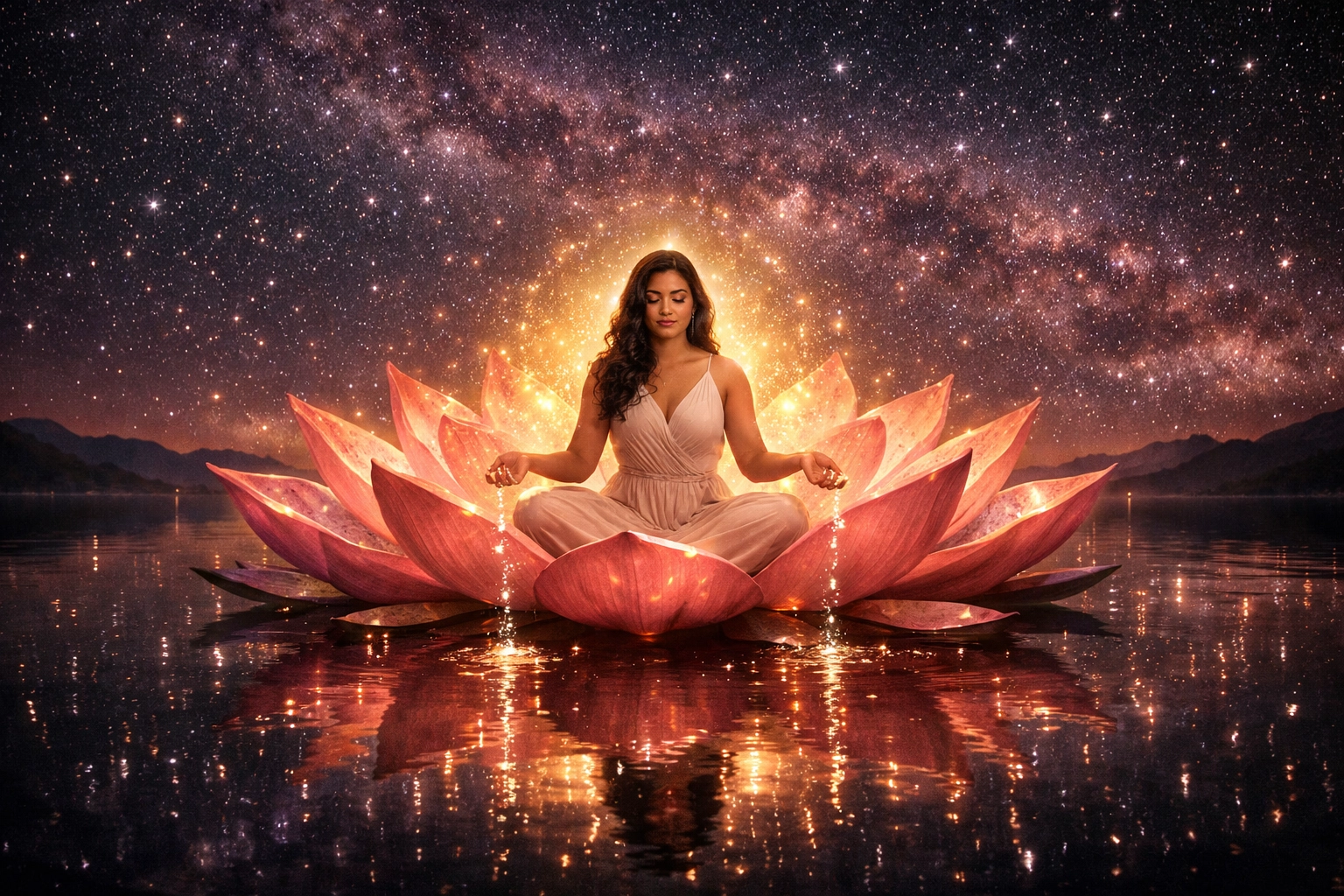 Latina woman seated in a glowing lotus as Kamalatmika, symbolizing spiritual abundance and cosmic fullness.