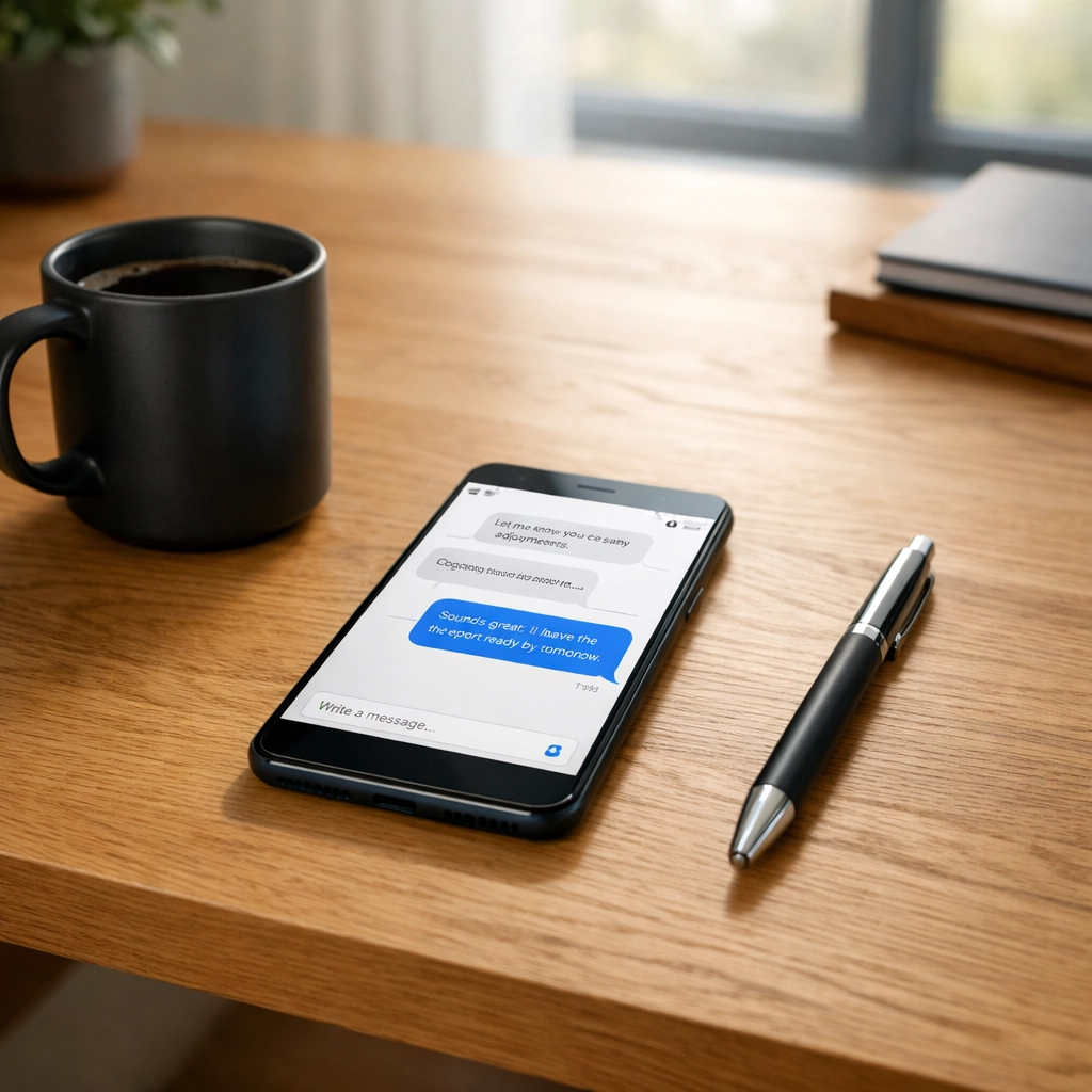 Professional smartphone showing a messaging app on an organized office desk.