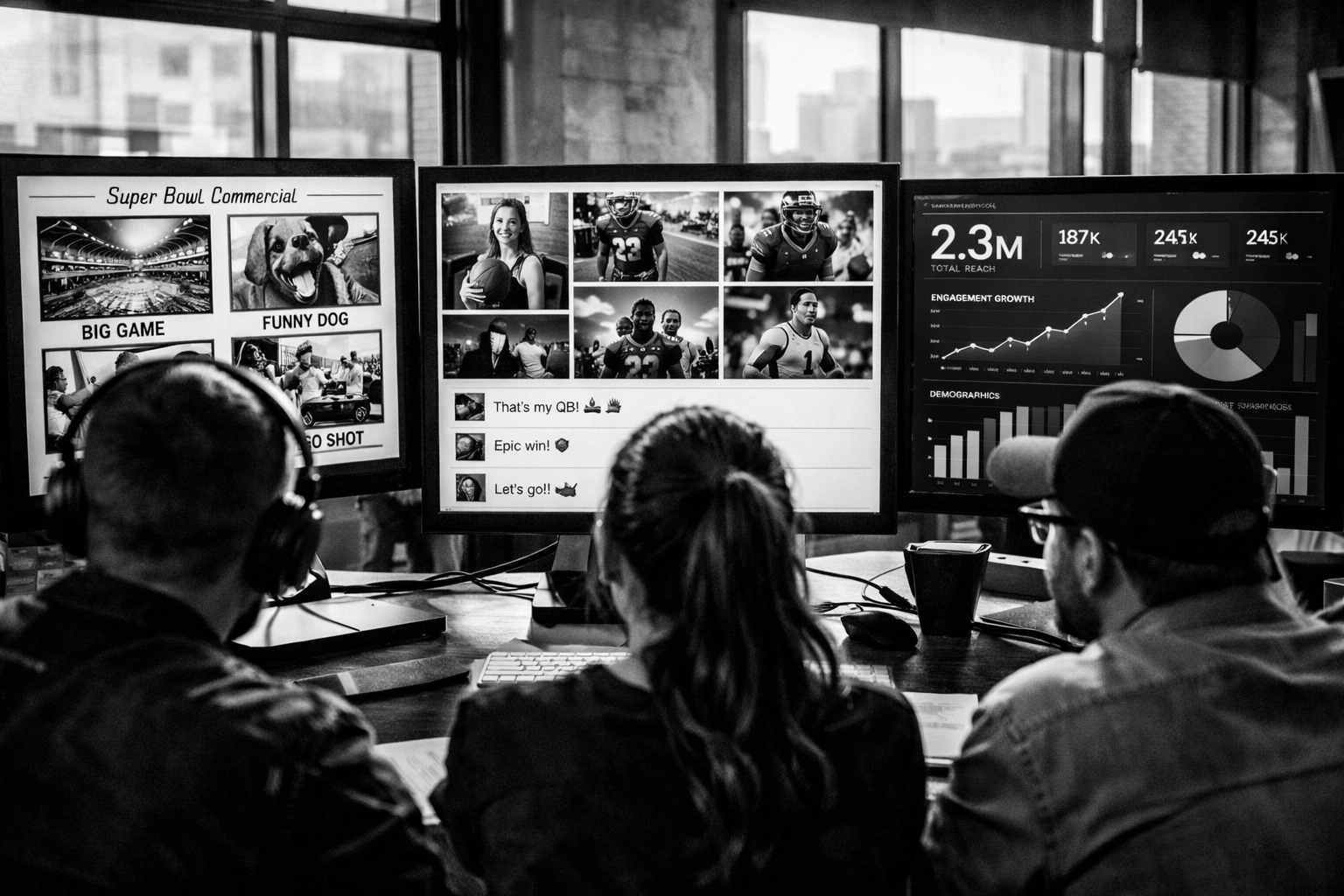 Marketing team analyzing Super Bowl NIL campaign metrics and ROI data on multiple screens