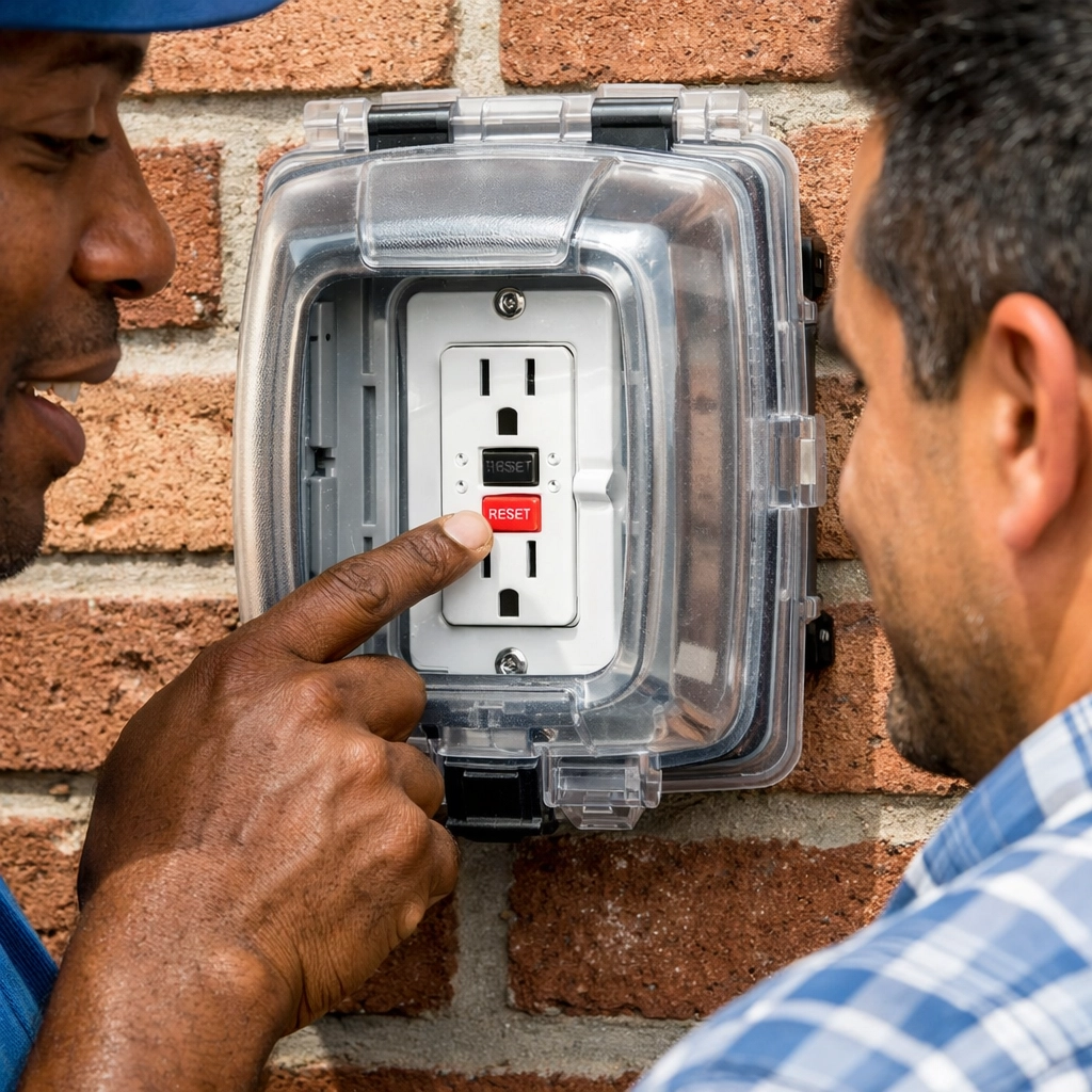 Outdoor GFCI outlet with weatherproof cover for safe landscape lighting installation.