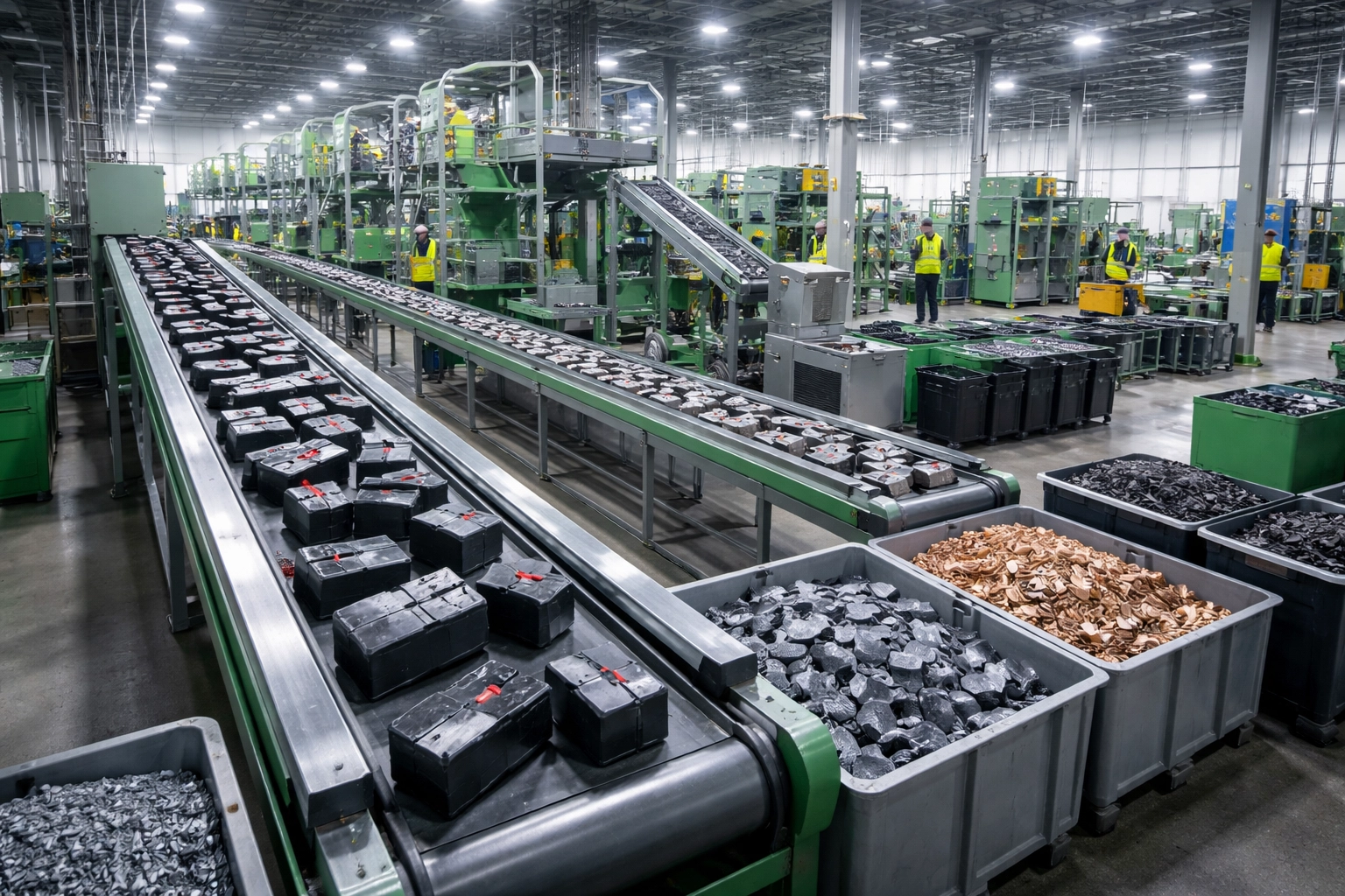 Modern battery recycling facility processing UPS batteries and reclaiming valuable materials