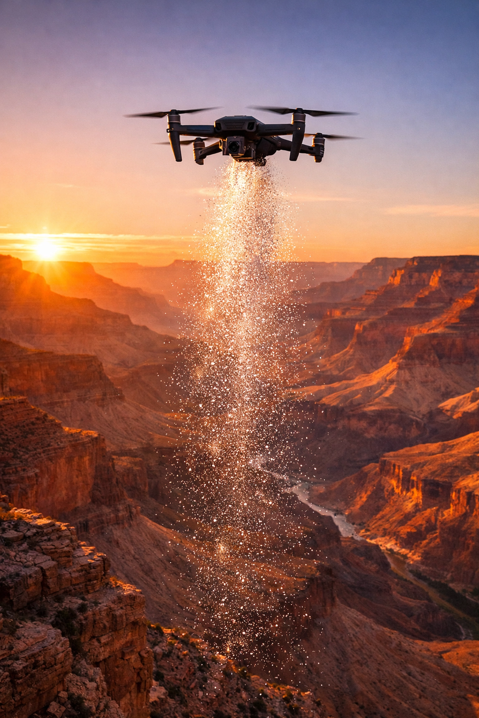 Dignified drone ash scattering over the Grand Canyon rock formations at sunset for a serene memorial.