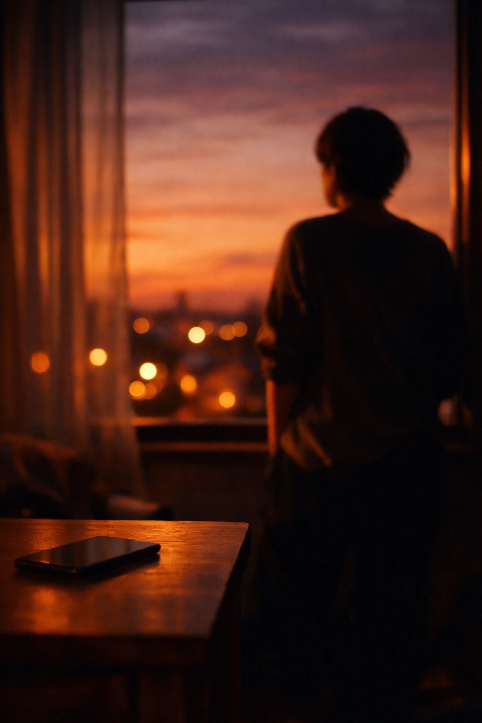 Person at window at sunset with phone down practicing intentional rest and digital disconnection