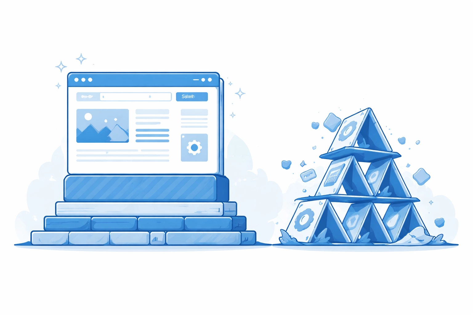 Custom website structure standing stable, highlighting long-term stability over fragile plugins